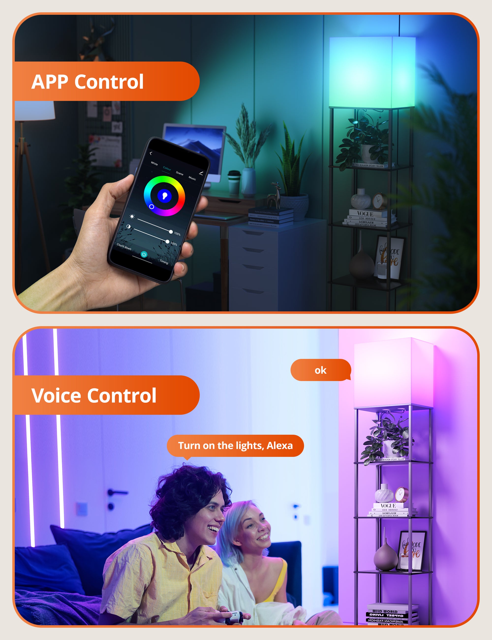 TaoTronics Smart RGB Floor Lamp with Shelves NB-DL005, Dimmable Solid Wood Standing Lamp with 2 Smart Bulbs