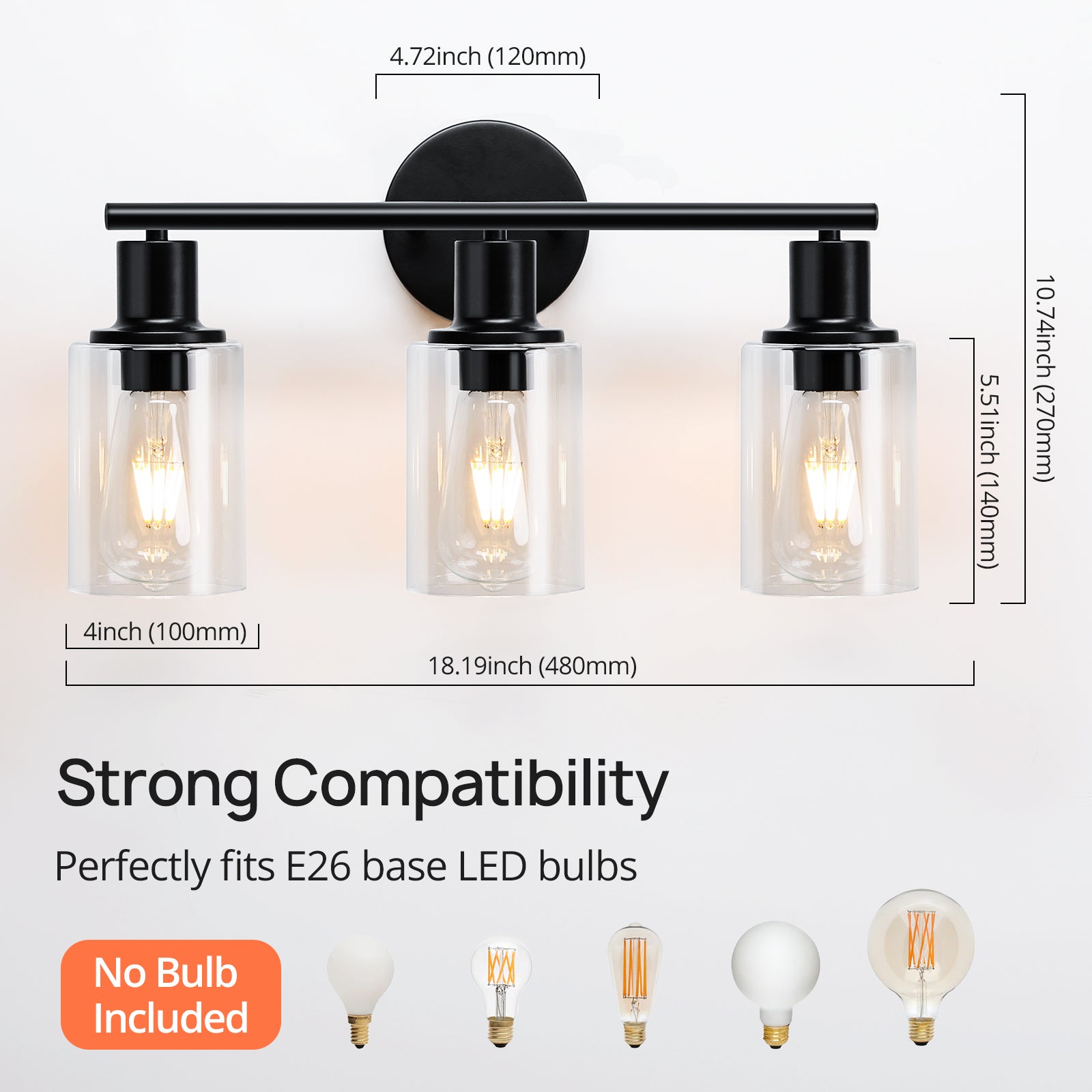 TaoTronics Classic Glass Vanity Lighting Fixtures, 3-Light Vanity Light, Bathroom Lighting with Clear Glass Lampshade