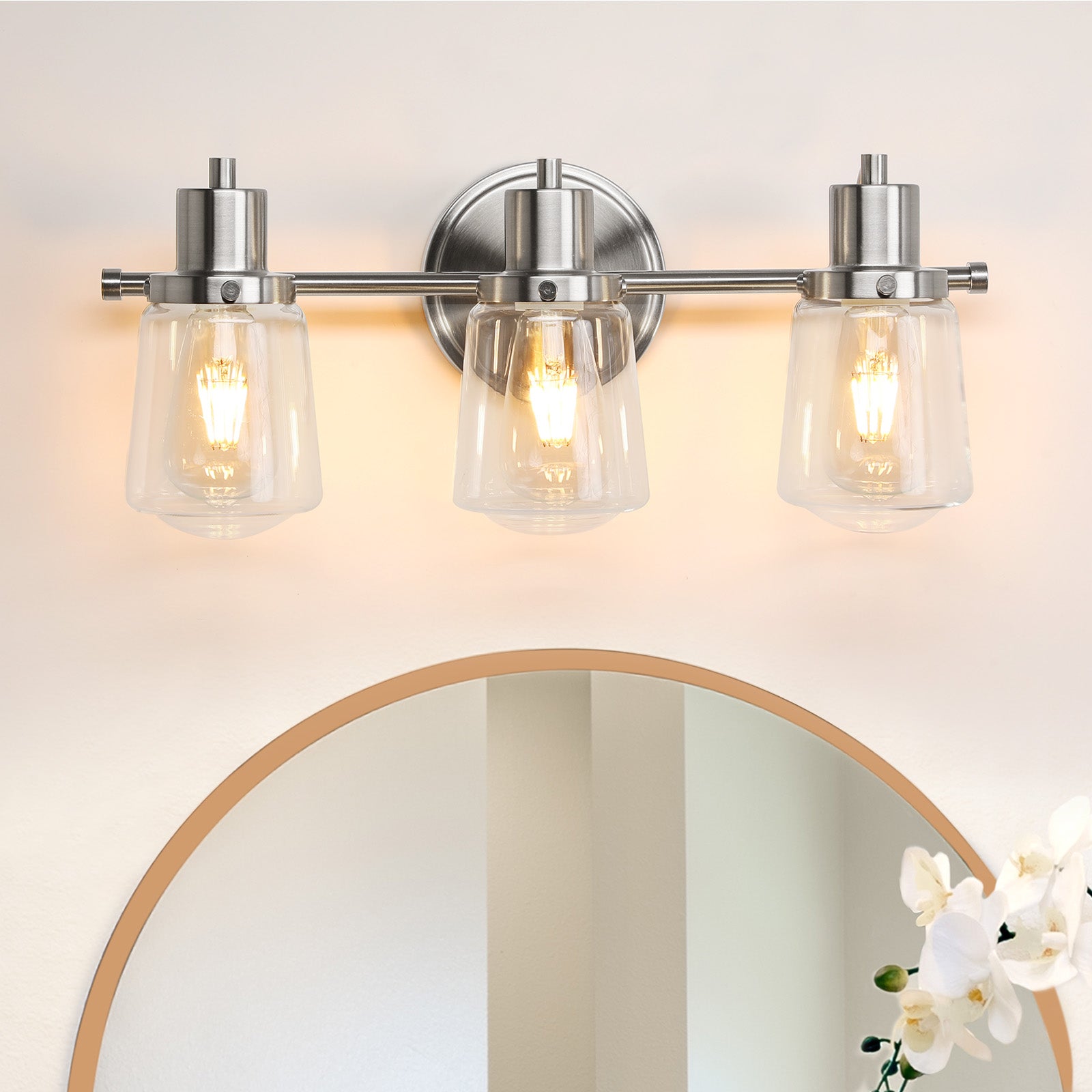 TaoTronics Design Glass Vanity Lighting Fixtures, 3-Light Vanity Light, Bathroom Lighting with Clear Glass Lampshade