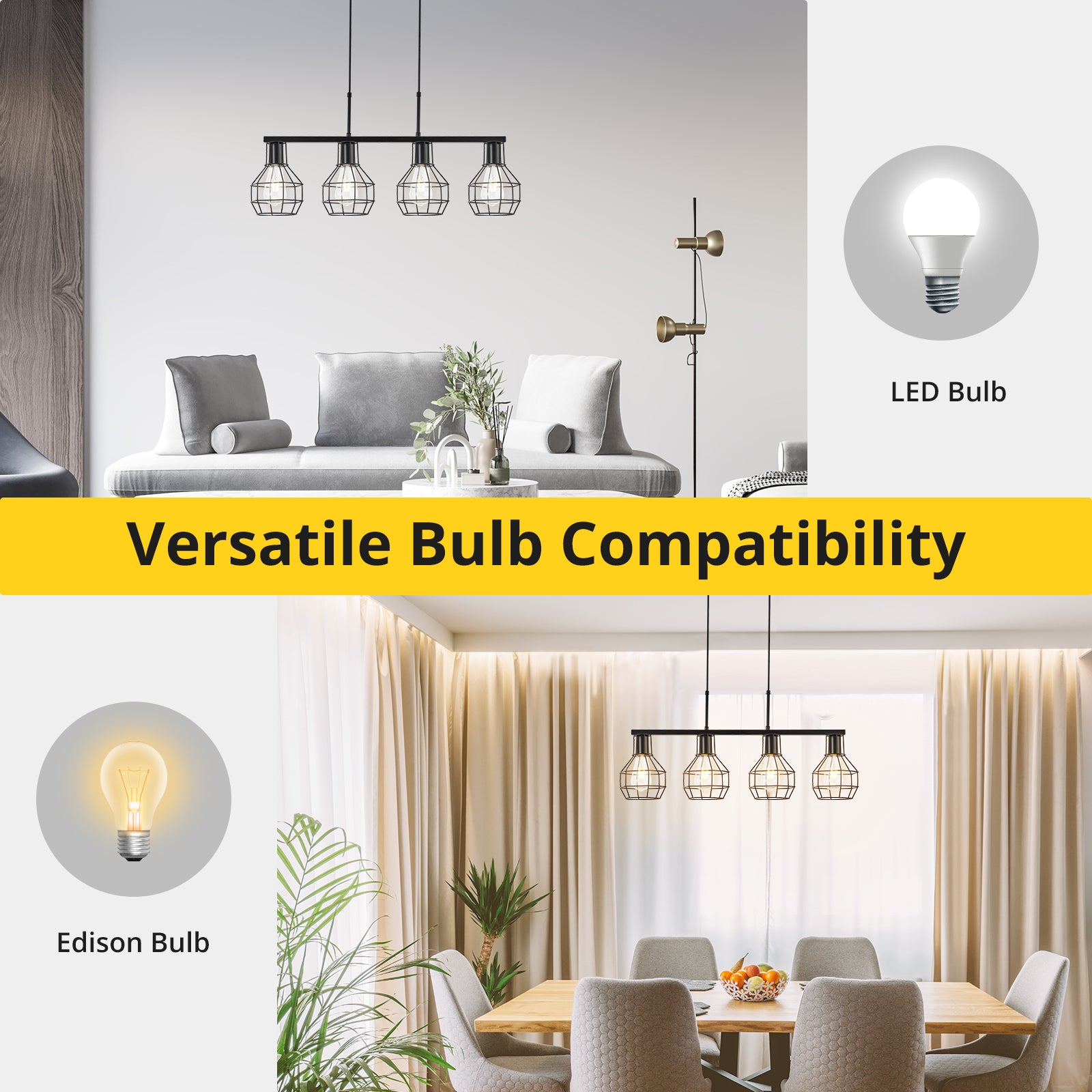 TaoTronics 4-Light Kitchen Island Lighting Adjustable Height Pendant Light Fixtures