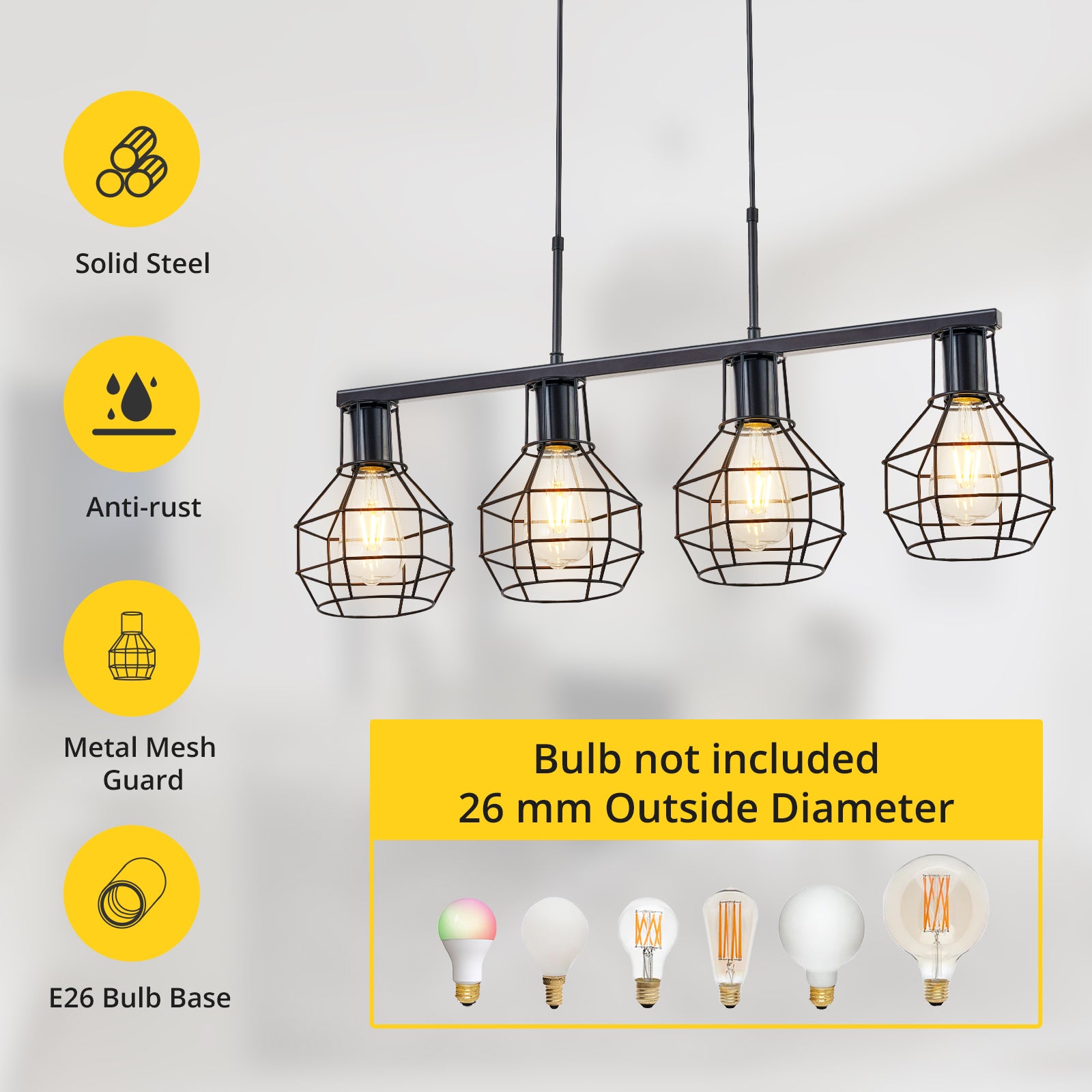 TaoTronics 4-Light Kitchen Island Lighting Adjustable Height Pendant Light Fixtures