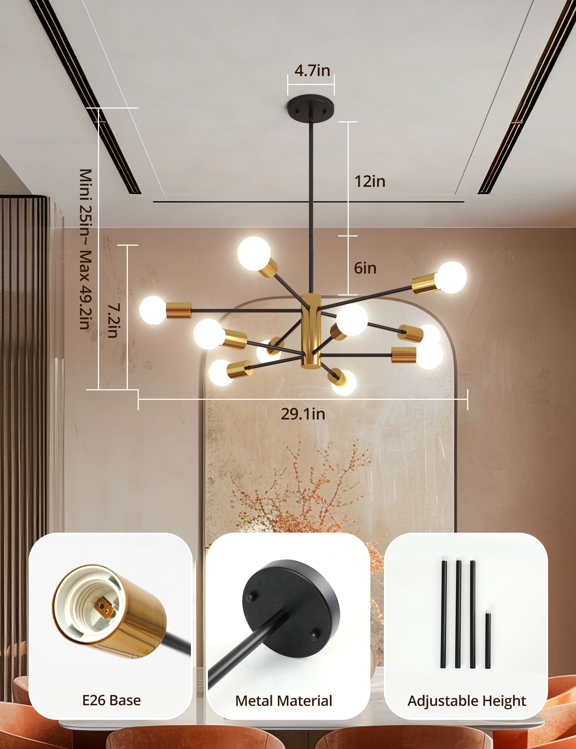 TaoTronics 10-Lights Modern Hanging Chandelier Lighting Plug-in Pendant Ceiling Light Fixtures