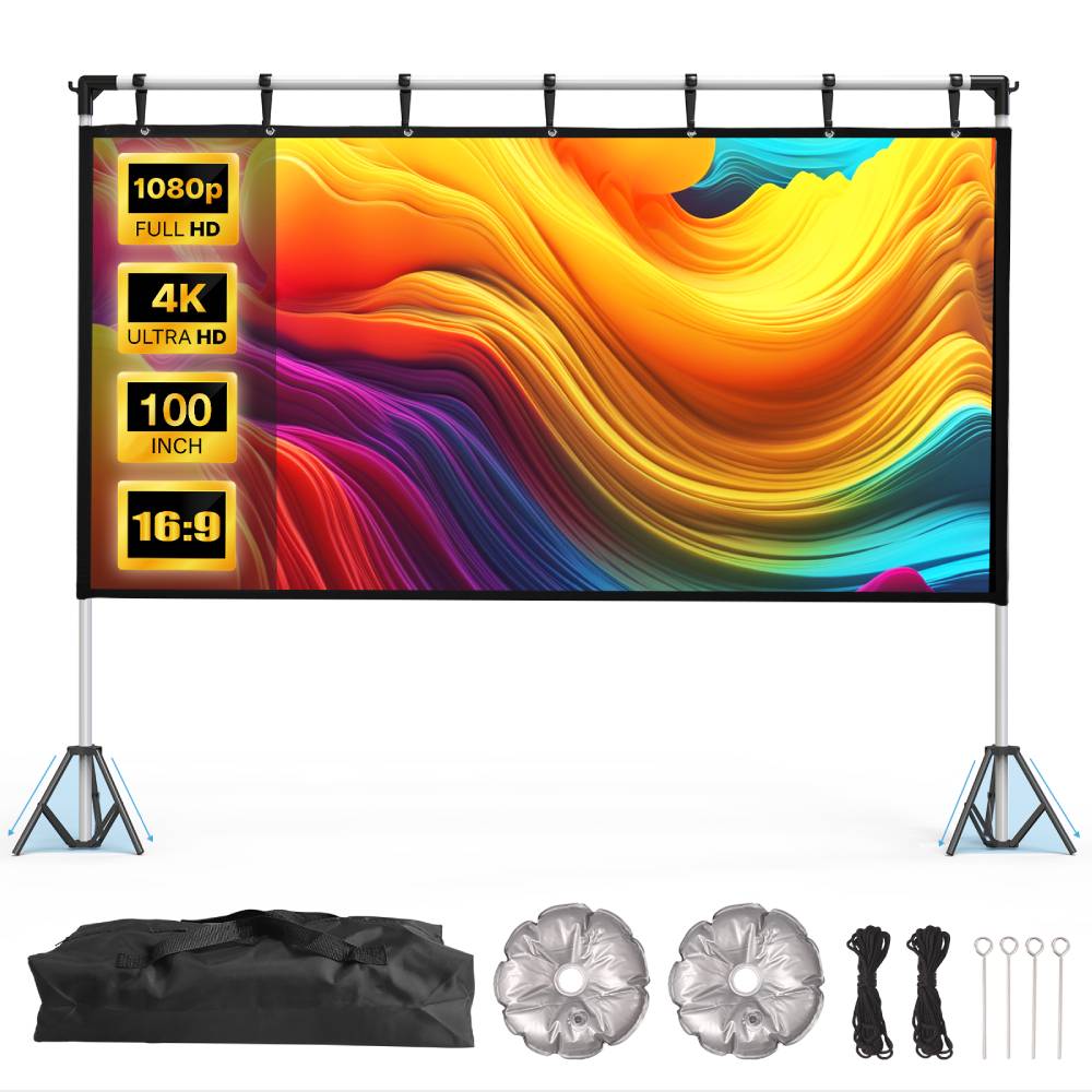 TaoTronics Projector Screen and Stand, 100 inch Rear Front Portable Projection Screen, 4K HD Foldable Outdoor Projector Screen