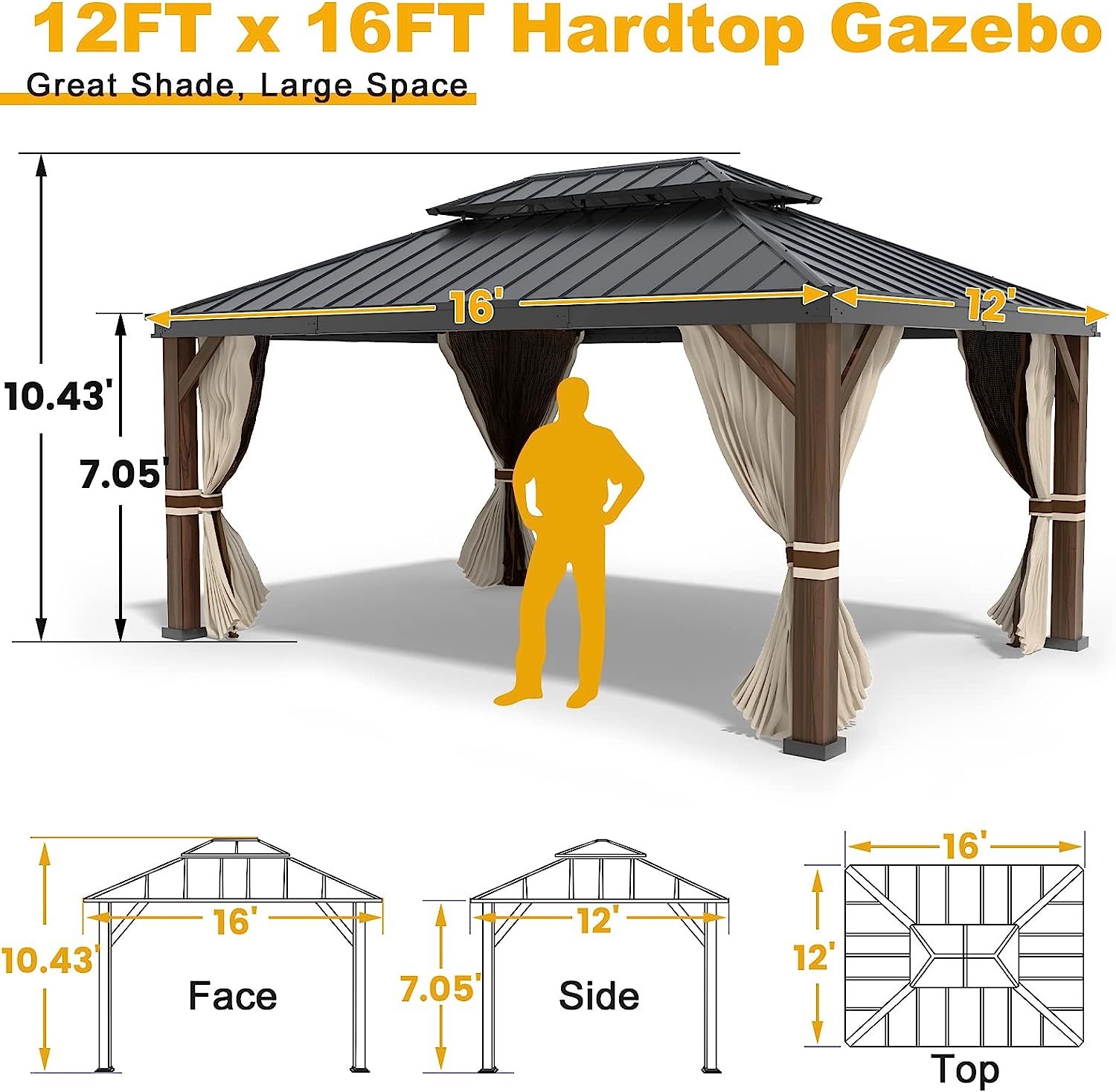 OLILAWN Gazebo 12x16, Hardtop Gazebo with Wood Finish Aluminum Frame