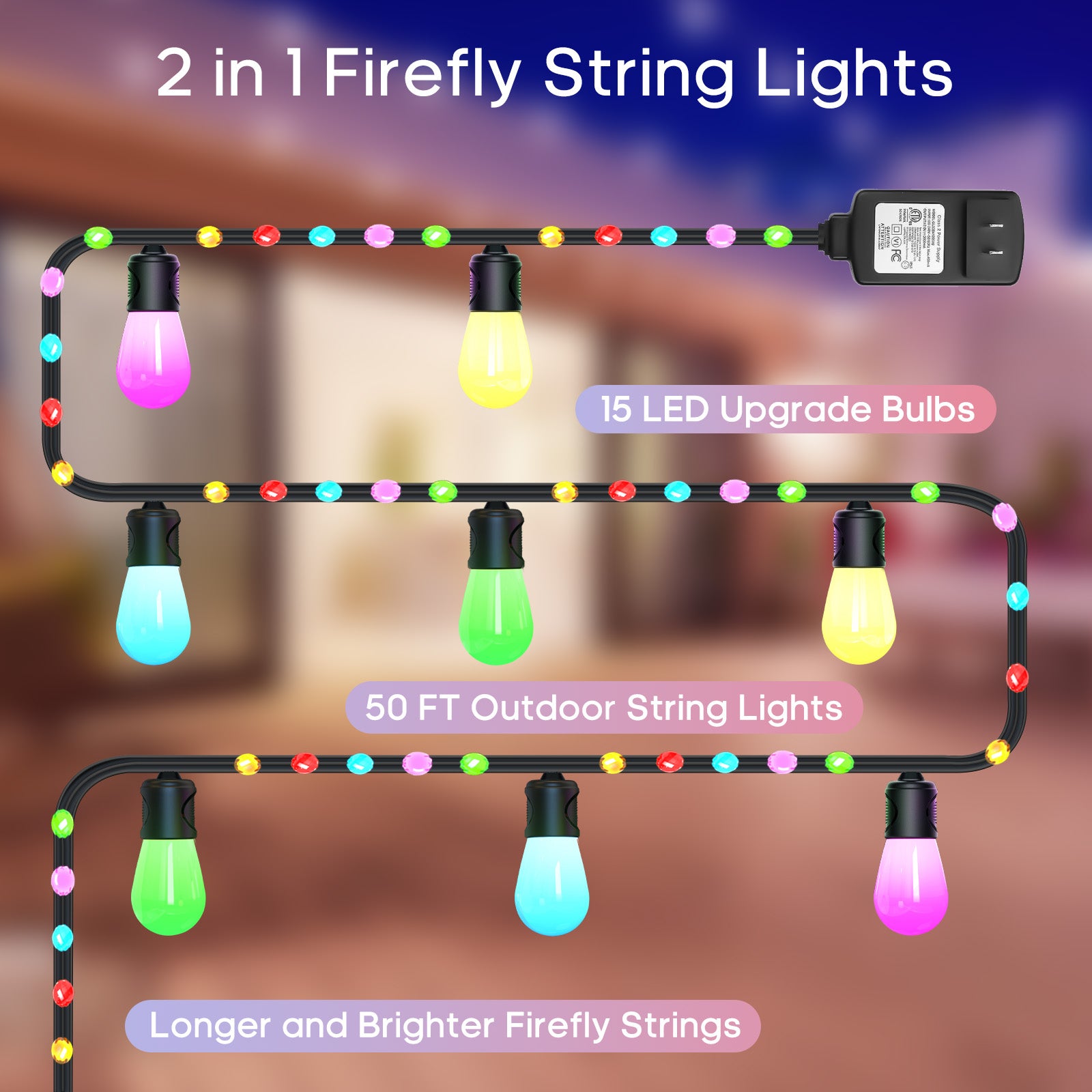 TaoTronics Smart LED Outdoor String Lights NB-OL010 50ft RGB Warm White LED Bulbs