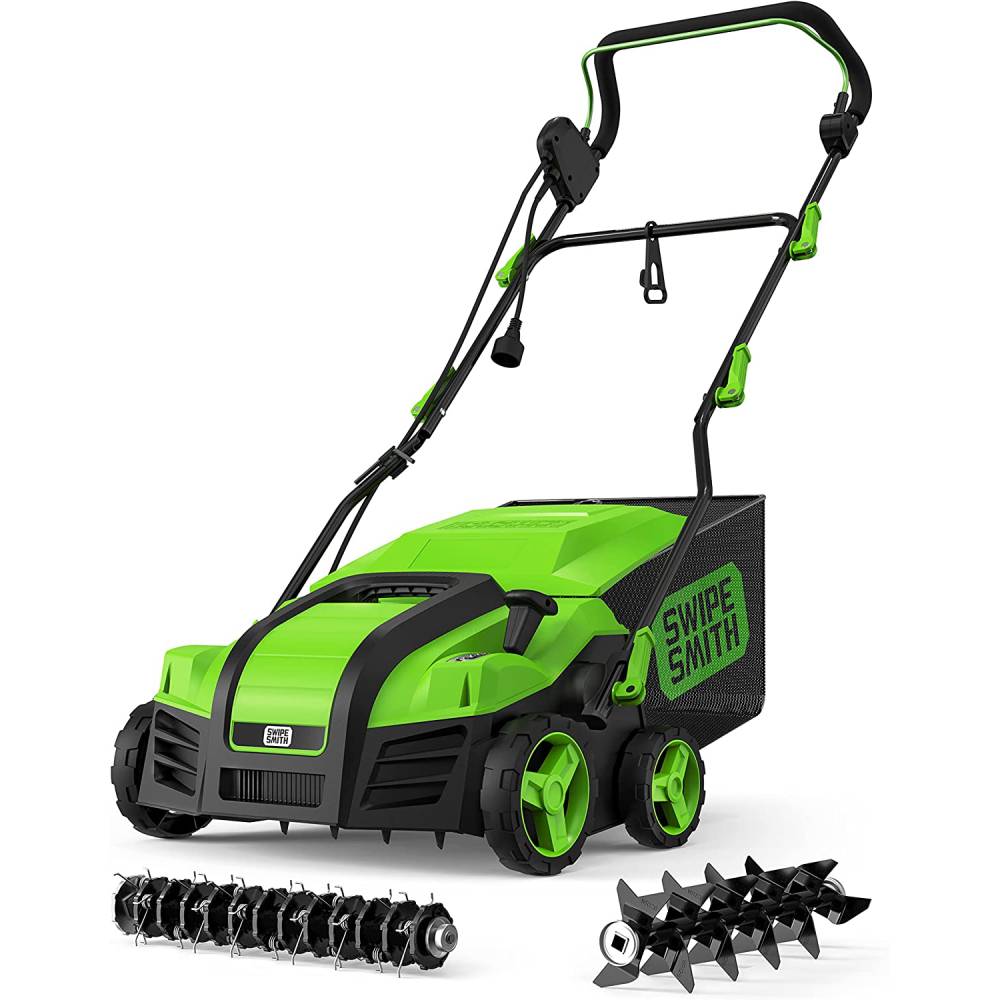 (2023 Upgraded) SWIPESMITH 16” 15 Amp Electric Dethatcher Scarifier, Lawn Dethatcher with 5-Position Depth Adjustment