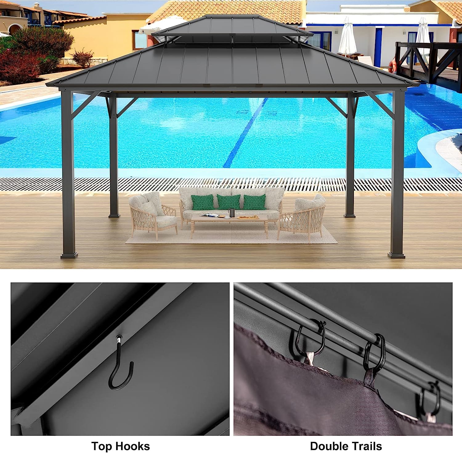 OLILAWN Gazebo 12x14, Hardtop Gazebo with Wood Finish Aluminum Frame