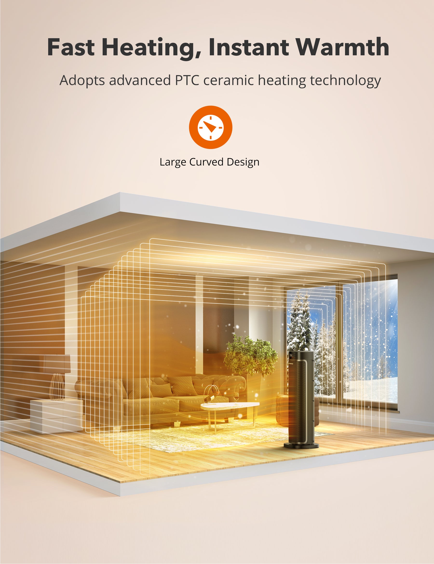 TaoTronics Space Heater, Ceramic Tower Heater with Eco Mode, Remote Control, 65° Oscillation, 12H Timer