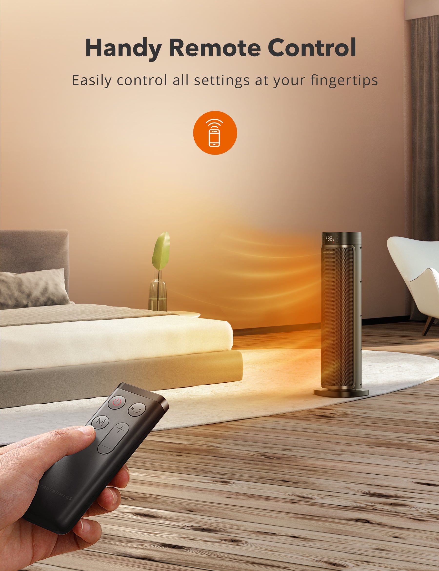 TaoTronics Space Heater, Ceramic Tower Heater with Eco Mode, Remote Control, 65° Oscillation, 12H Timer