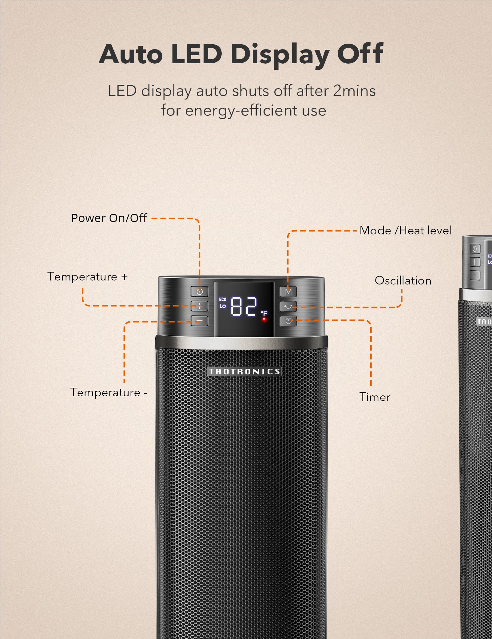 TaoTronics Space Heater, Ceramic Tower Heater with Eco Mode, Remote Control, 65° Oscillation, 12H Timer