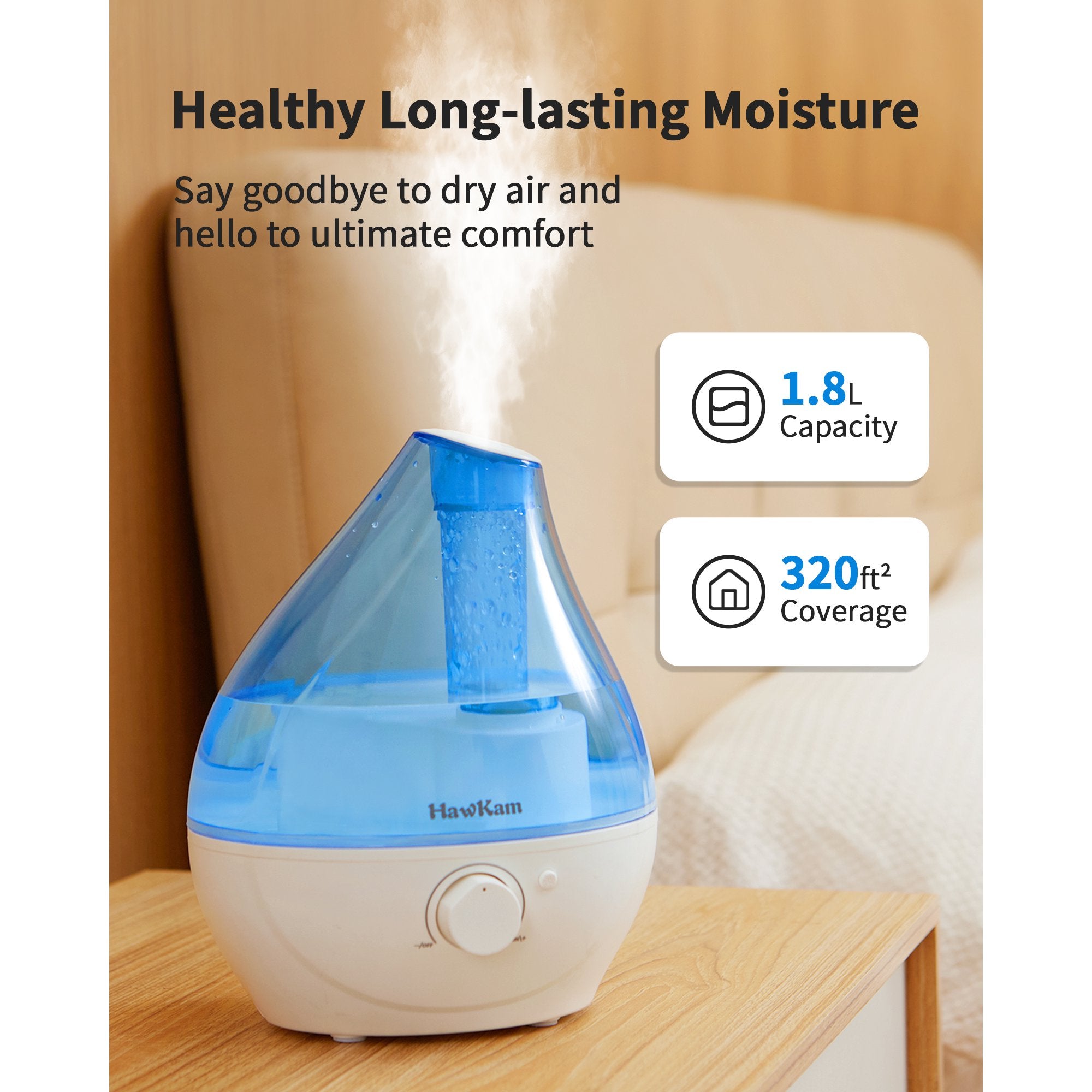TaoTronics Humidifiers for Bedroom Baby (1.8L Water Tank), Cool Mist Humidifiers with Easy to Clean, Night Light, Auto Shut-Off, Small Humidifiers for Home, Large Room, Nursery, Office, Plants WM
