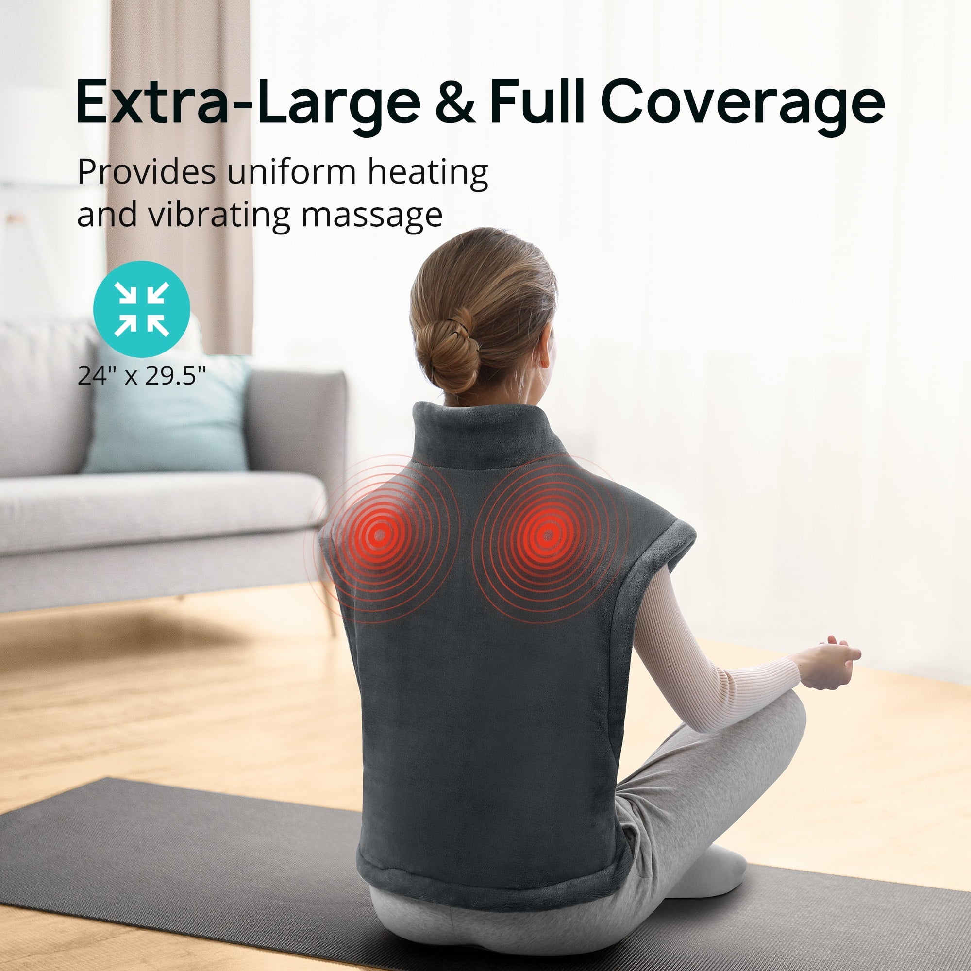 Evajoy Heating Pad for Back Pain Relief, 24" x 29.5" Extra-Large Electric Massager Heating Pad for Neck, Back, Shoulders with 3 Heat Levels, 6 Massage Settings WM