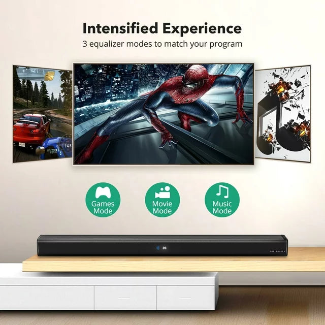 Wireless Bluetooth 5.3 Sound Bar TV Speaker with 3 Equalizer Modes - Opt/AUX/ARC Connection, Remote Control, Wall Mountable - Enhance Your TV and PC Audio Experience