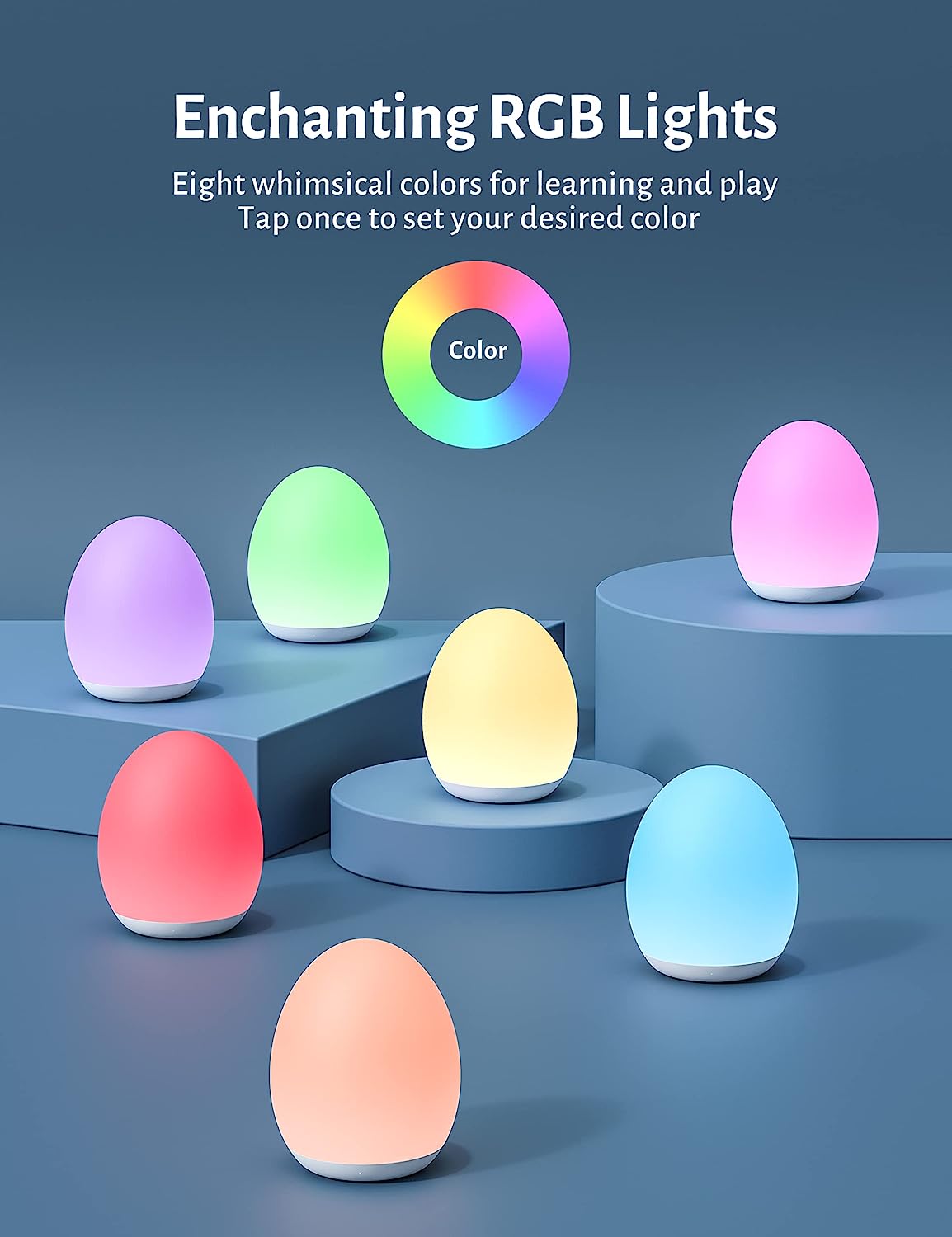 Night Light for Kids, Baby Night Light with 8 Color Changing Mode & Dimming Function, Rechargeable Egg Night Light with 1 Hour Timer&Touch Control, up to 100H