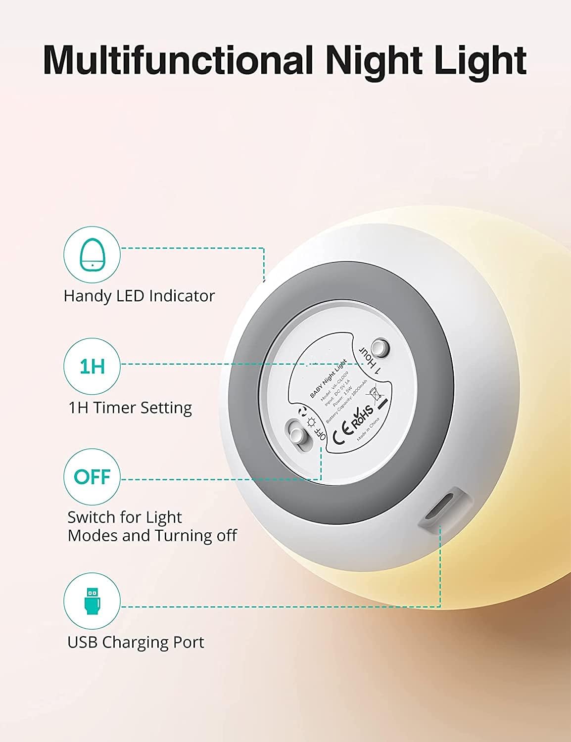 Night Light for Kids, Baby Night Light with 8 Color Changing Mode & Dimming Function, Rechargeable Egg Night Light with 1 Hour Timer&Touch Control, up to 100H