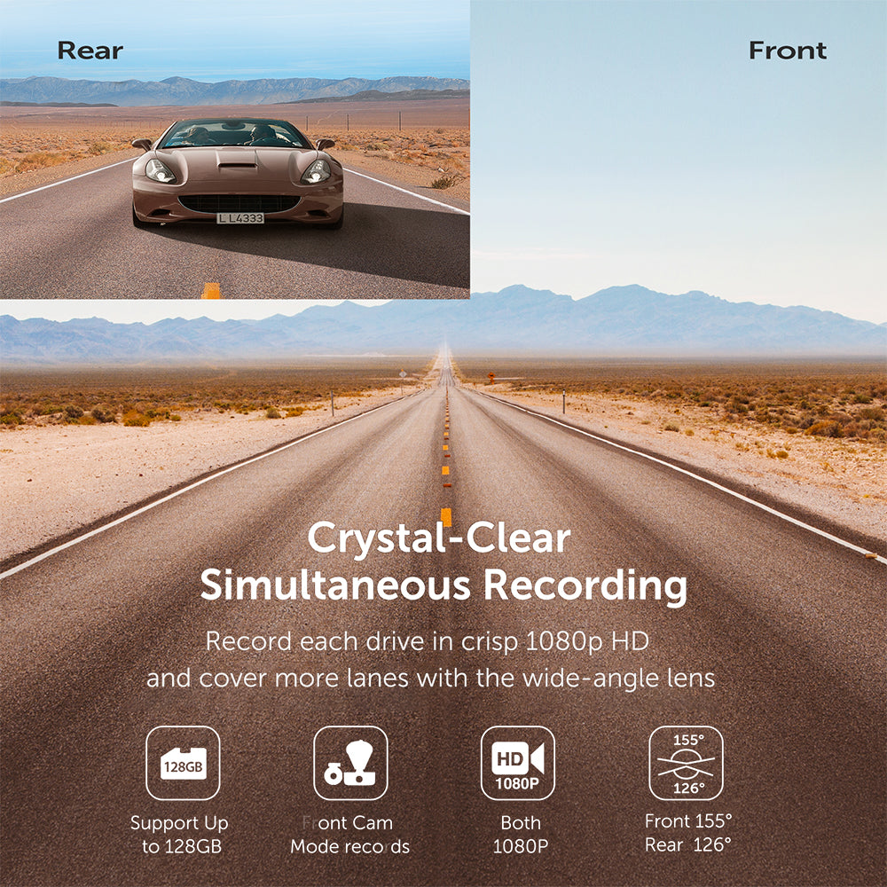Dual Dash Cam, Dual 1920x1080P FHD, Front and Rear Dash Camera
