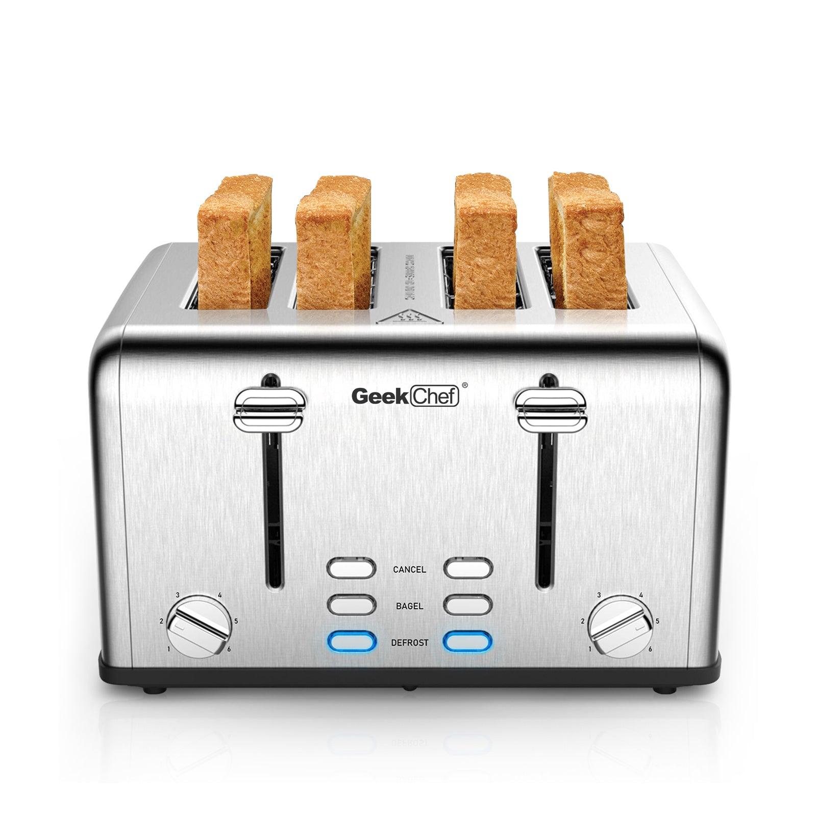 Toaster 4 Slice, Geek Chef Stainless Steel Extra-Wide Slot Toaster with Dual Control Panels of Bagel