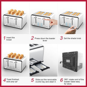 Toaster 4 Slice, Geek Chef Stainless Steel Extra-Wide Slot Toaster with Dual Control Panels of Bagel