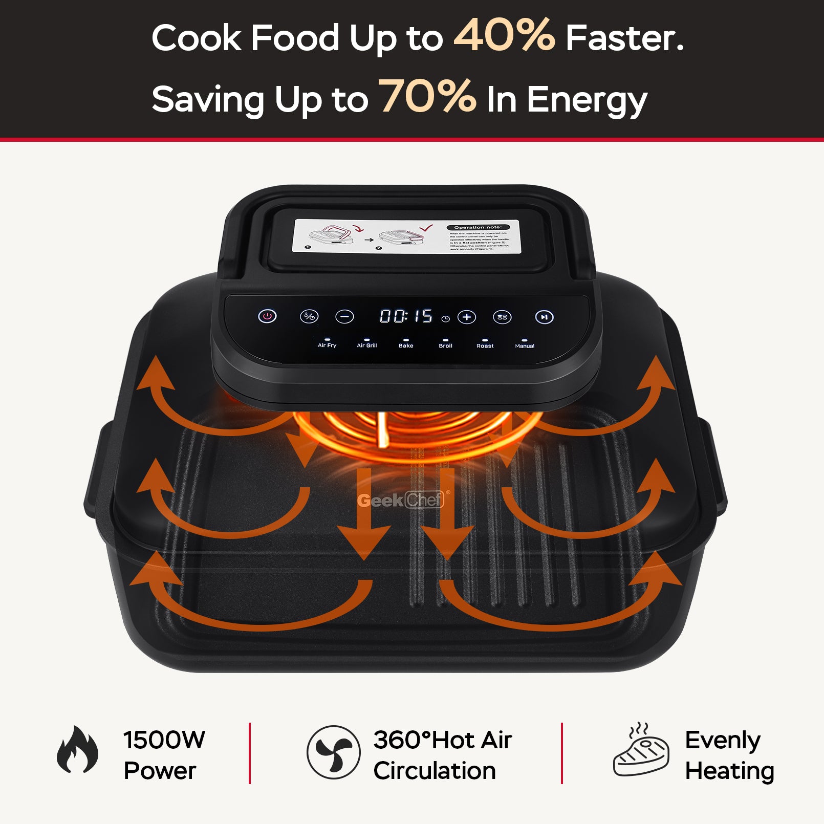 Geek Chef Smokeless Indoor Grill with Air Fry & Non-Stick Plate - 7-in-1, Portable, 6 servings