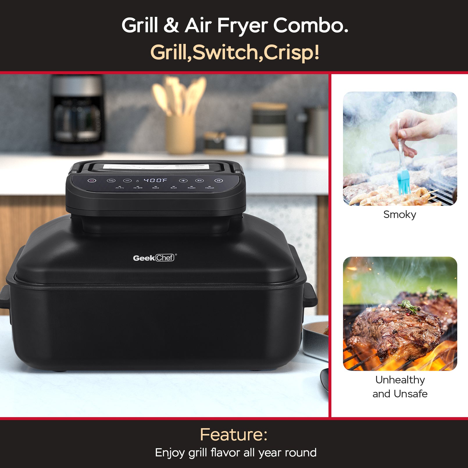 Geek Chef Smokeless Indoor Grill with Air Fry & Non-Stick Plate - 7-in-1, Portable, 6 servings