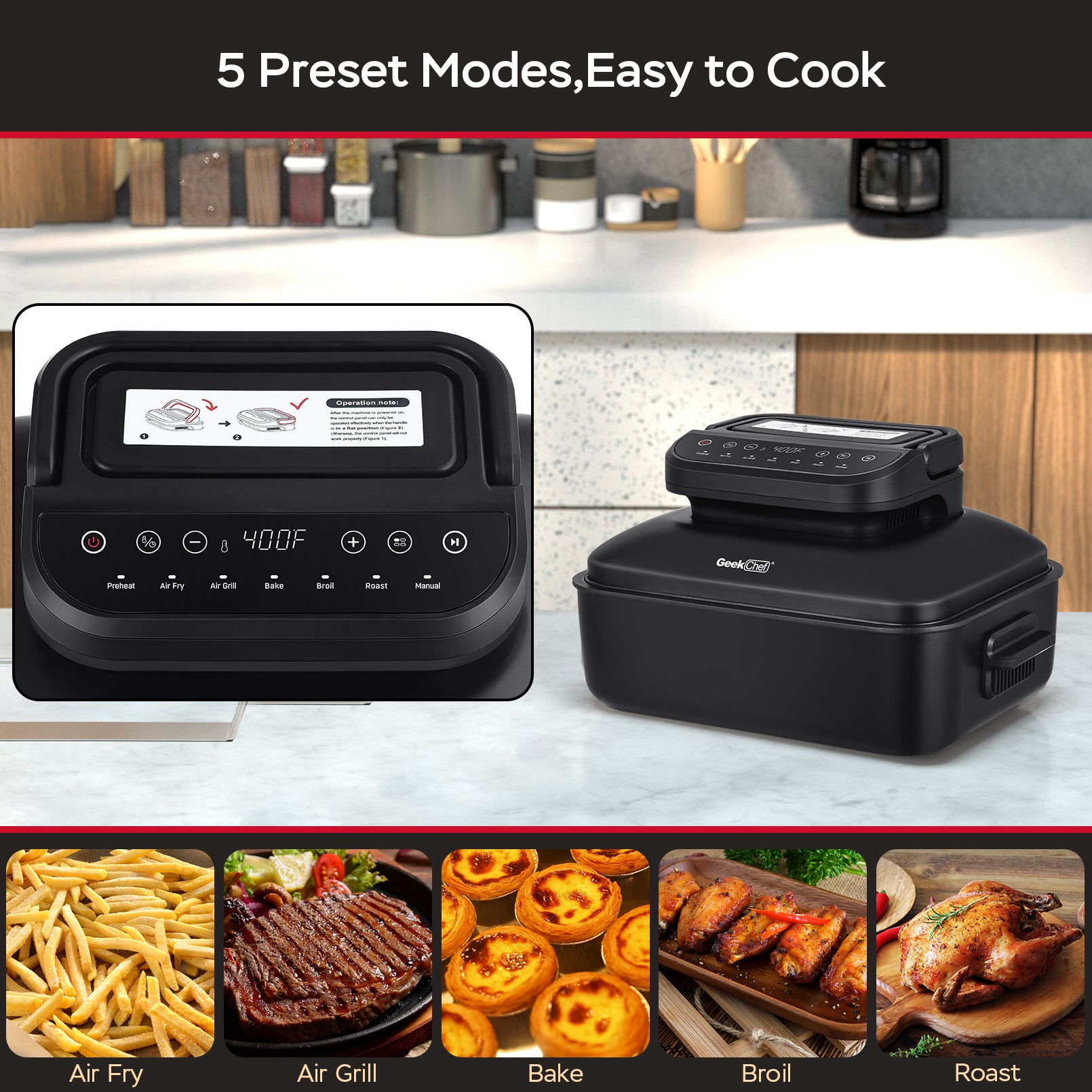 Geek Chef Smokeless Indoor Grill with Air Fry & Non-Stick Plate - 7-in-1, Portable, 6 servings