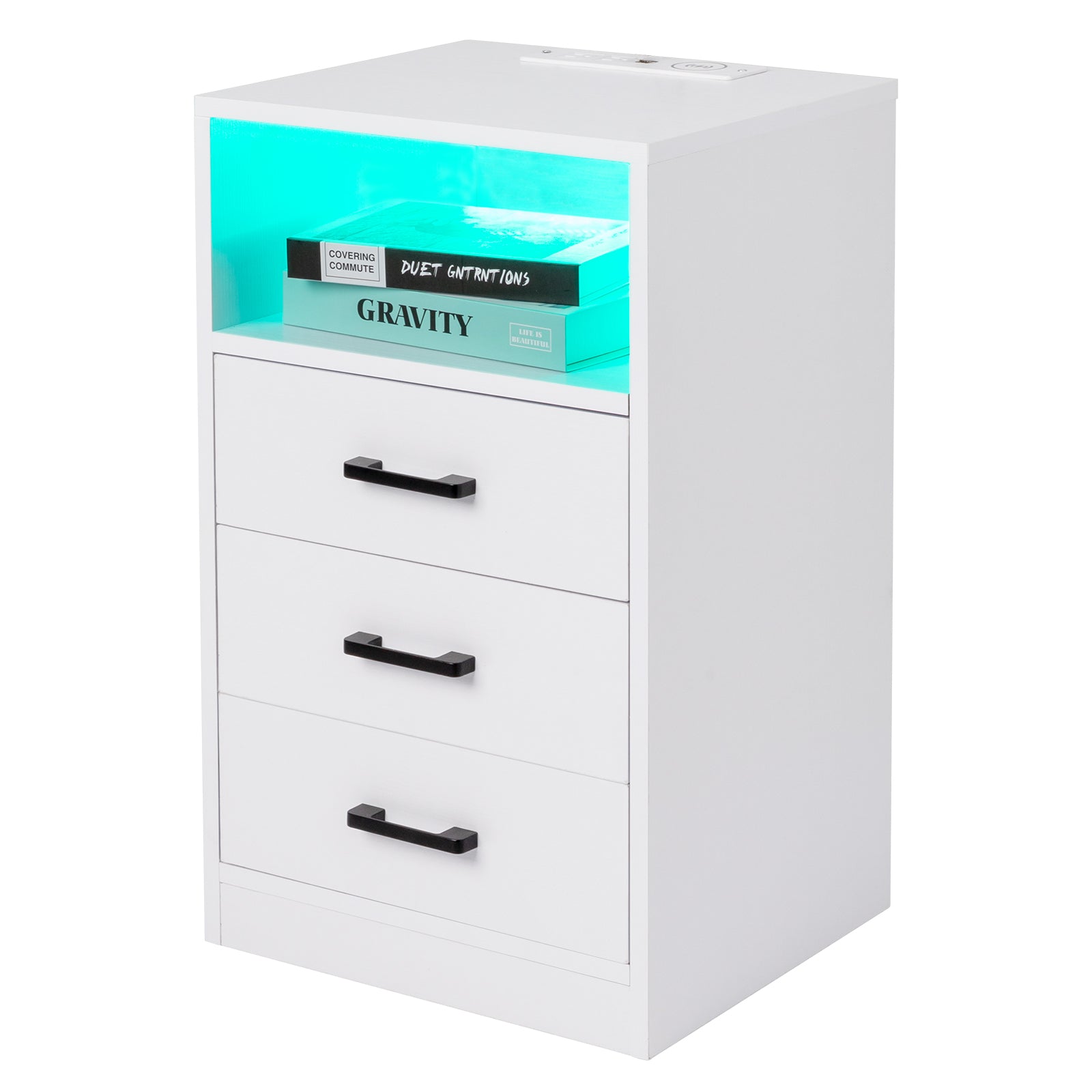 White Nightstand with Wireless Charging Station and LED Lights, Modern End Side Table with 3 Drawers