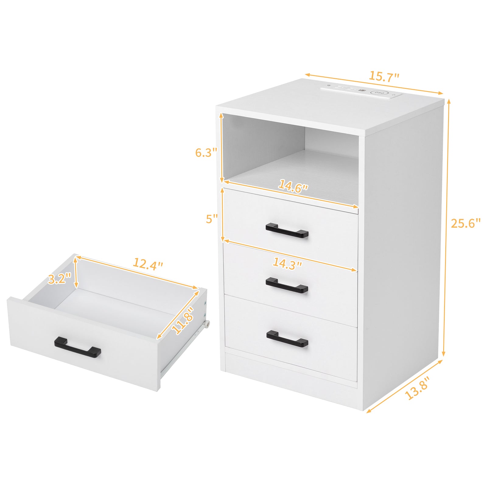 White Nightstand with Wireless Charging Station and LED Lights, Modern End Side Table with 3 Drawers