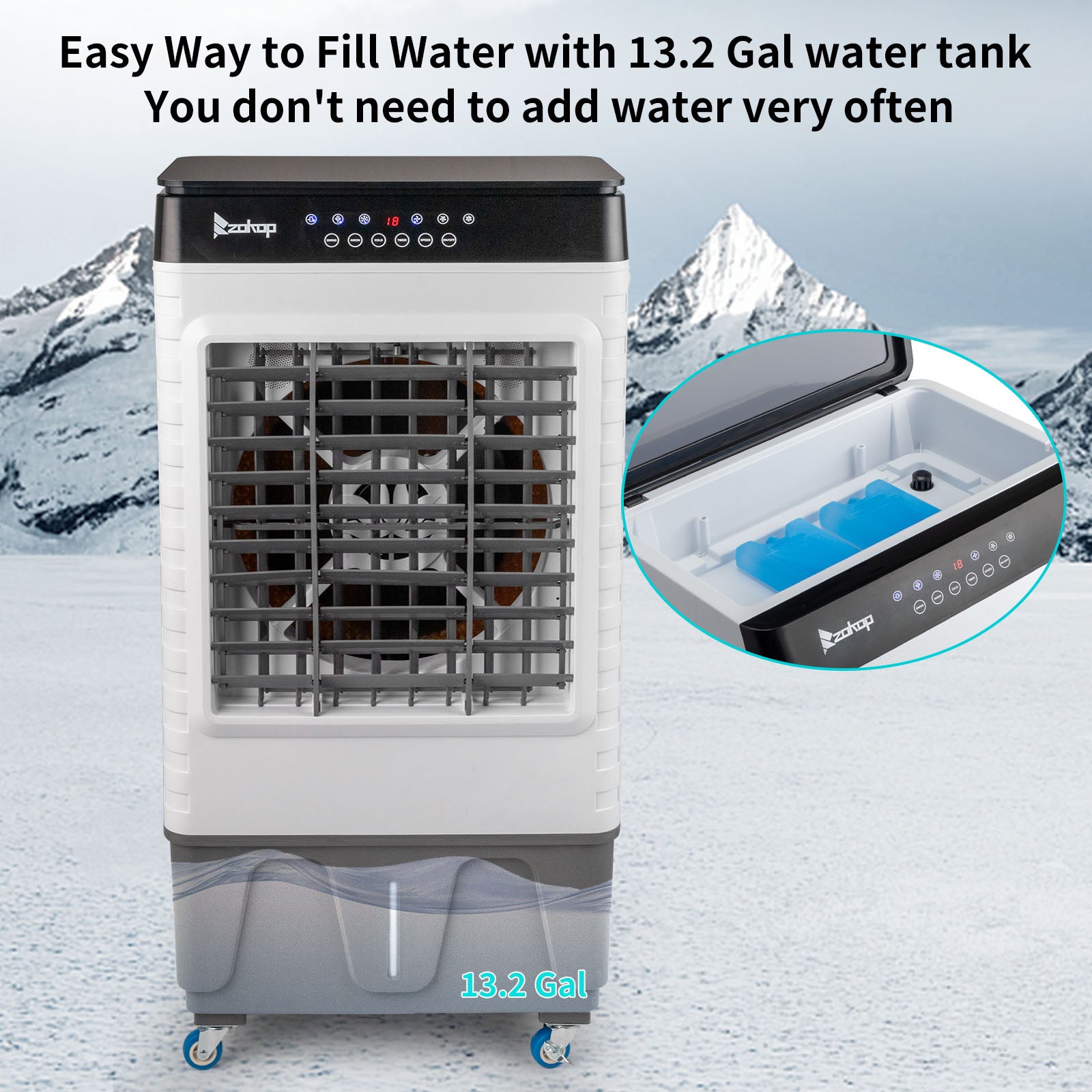 3-in-1 Portable Evaporative Cooler - 2940CFM, Remote Control, 450 Sq.ft, 13.2 Gal, 3 Speeds, 3 Modes, 12H Timer