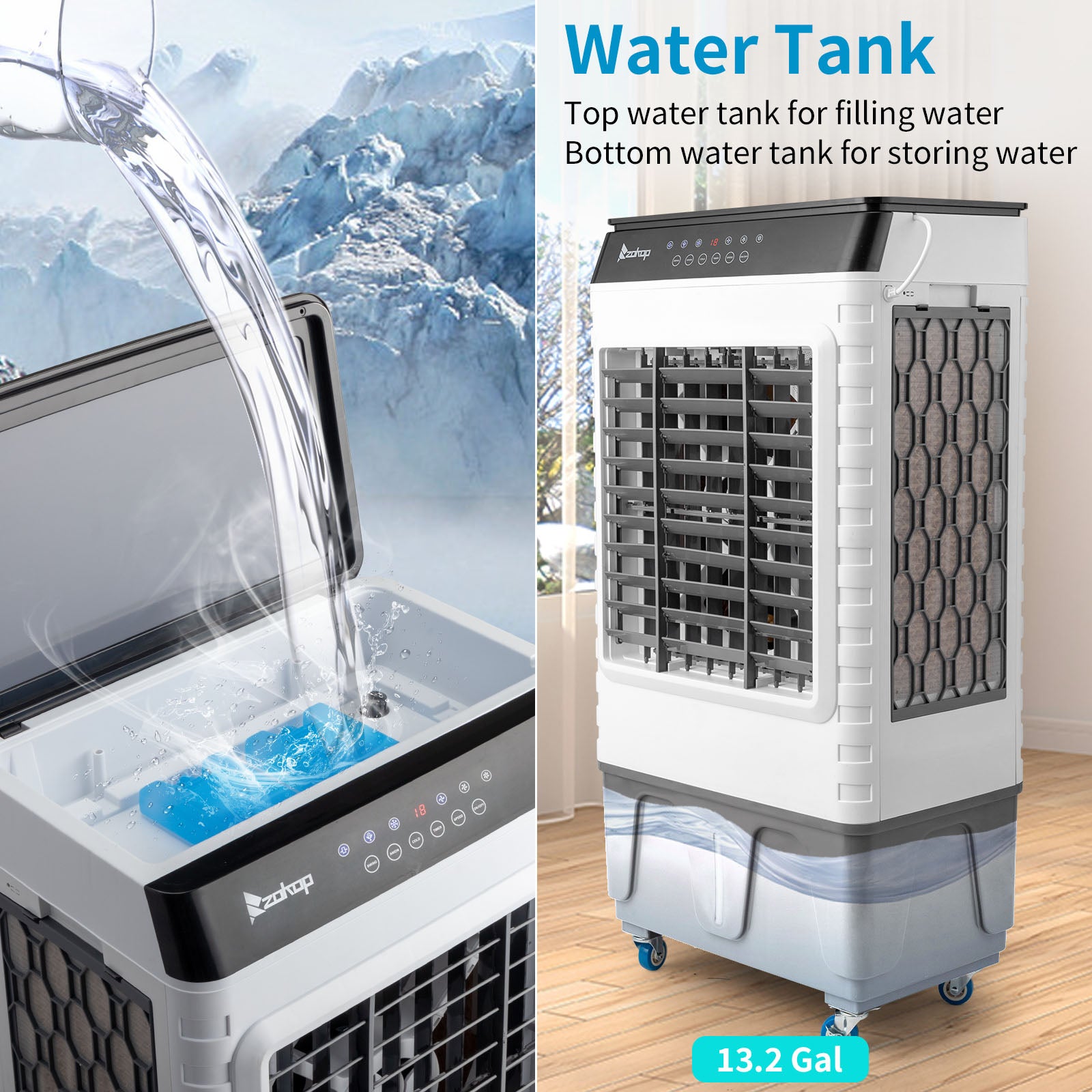 3-in-1 Portable Evaporative Cooler - 2940CFM, Remote Control, 450 Sq.ft, 13.2 Gal, 3 Speeds, 3 Modes, 12H Timer