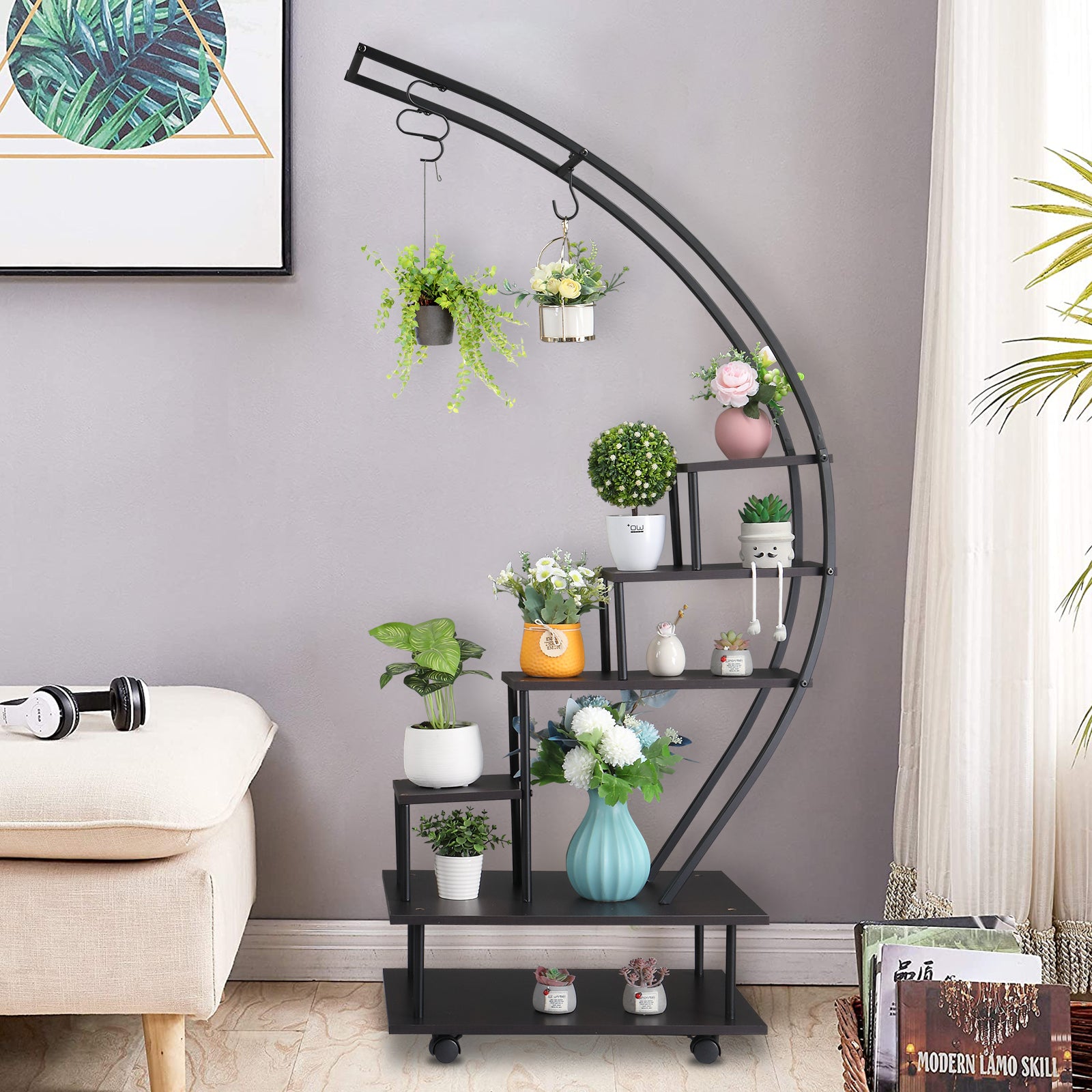 Artisasset 6 Tiers Semicircular Iron Wood With Wheels Iron Planter 1-2PCS