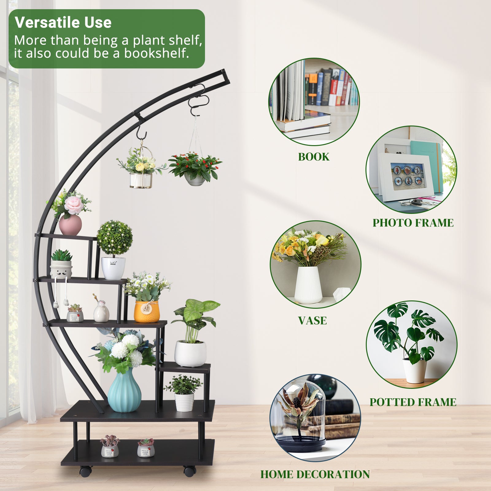 Artisasset 6 Tiers Semicircular Iron Wood With Wheels Iron Planter 1-2PCS