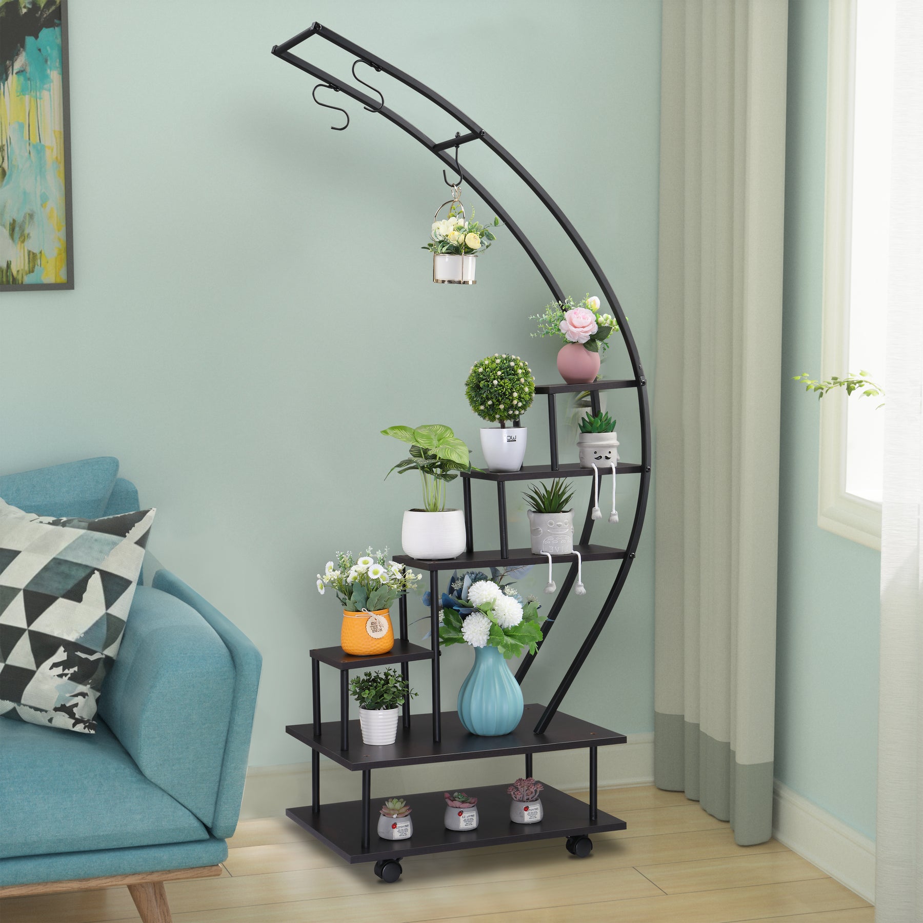 Artisasset 6 Tiers Semicircular Iron Wood With Wheels Iron Planter 1-2PCS