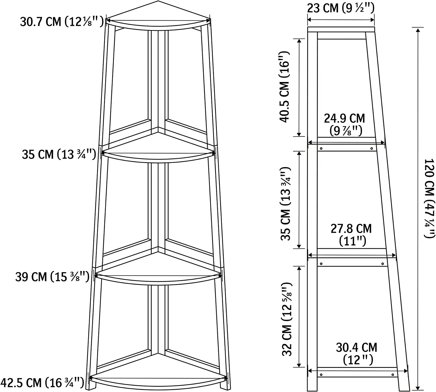 Corner Shelf, 4 Tier Bamboo Corner Bookshelf, 47.2 Inch Tall Bookcase, Open Ladder Book Case