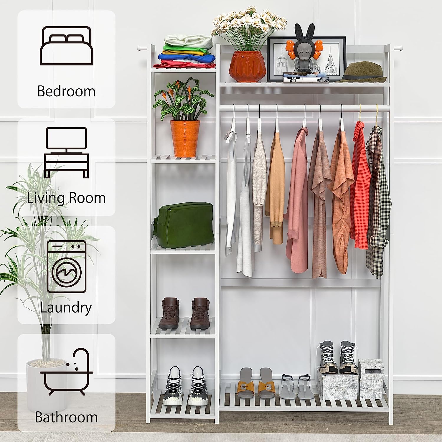 Amboo Garment Rack with Shelves, Clothing Rack for Hanging Clothes, Freestanding Closet Organizer