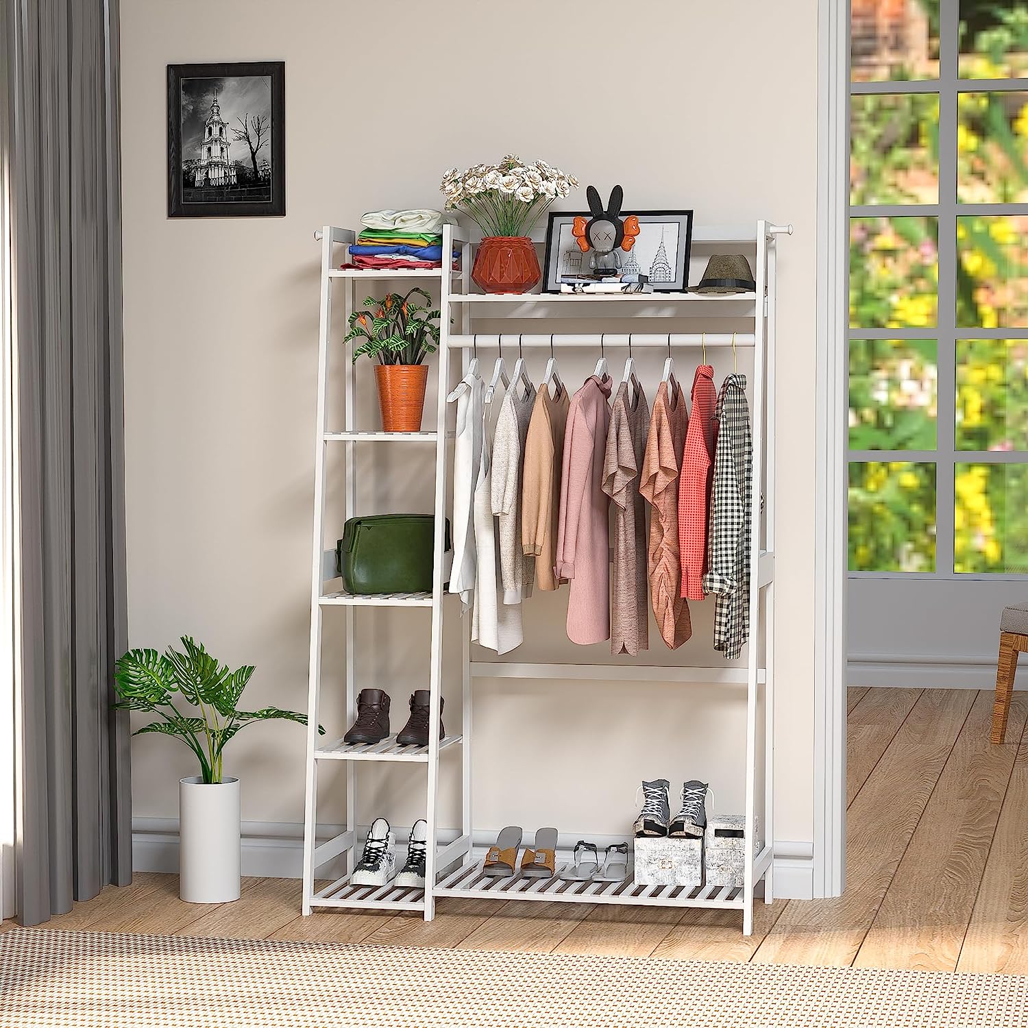 Amboo Garment Rack with Shelves, Clothing Rack for Hanging Clothes, Freestanding Closet Organizer