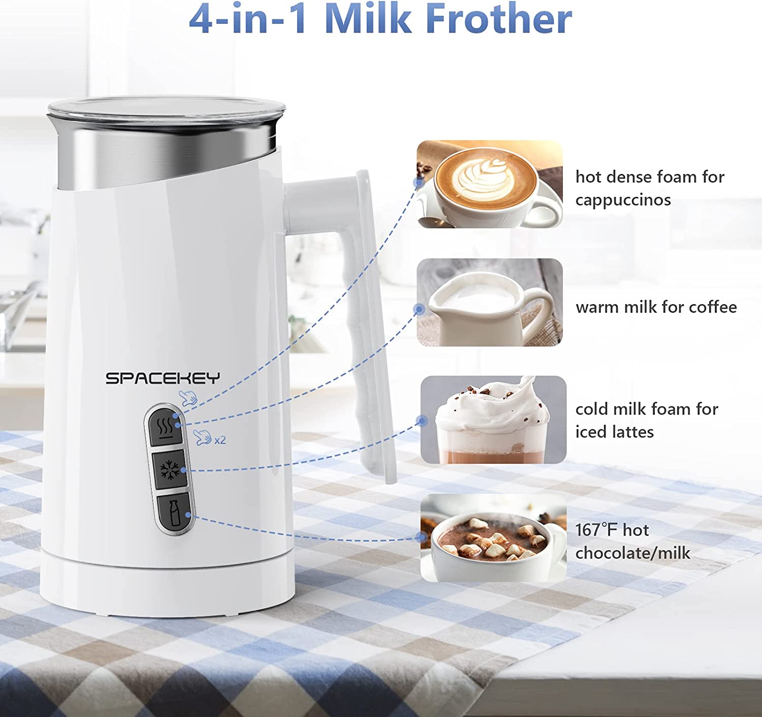 Milk Frother,4-in-1 Electric Frother for Coffee,Spacekey 10.1oz Milk Frother and Steamer,Milk Warmer Heats up to 167℉