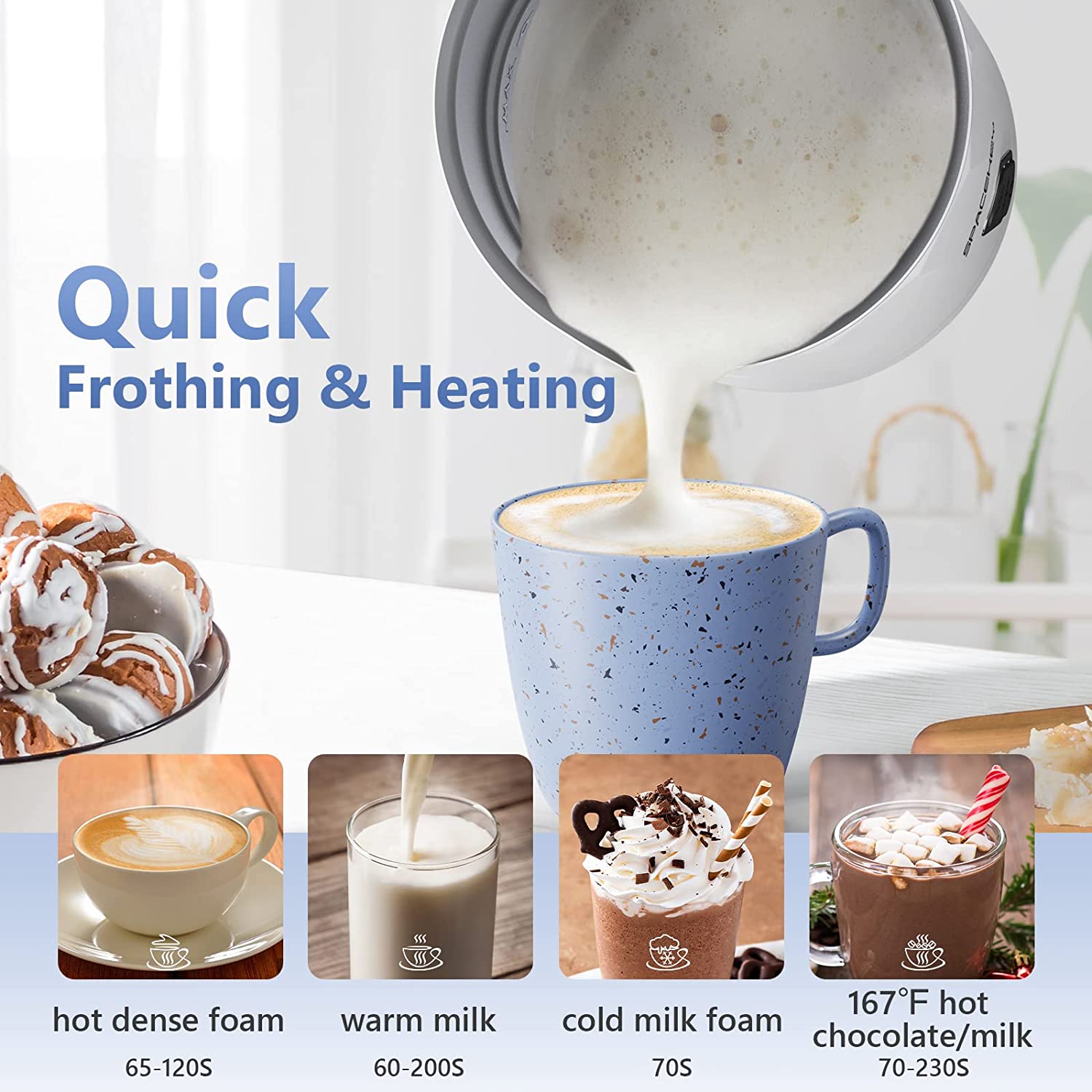 Milk Frother,4-in-1 Electric Frother for Coffee,Spacekey 10.1oz Milk Frother and Steamer,Milk Warmer Heats up to 167℉