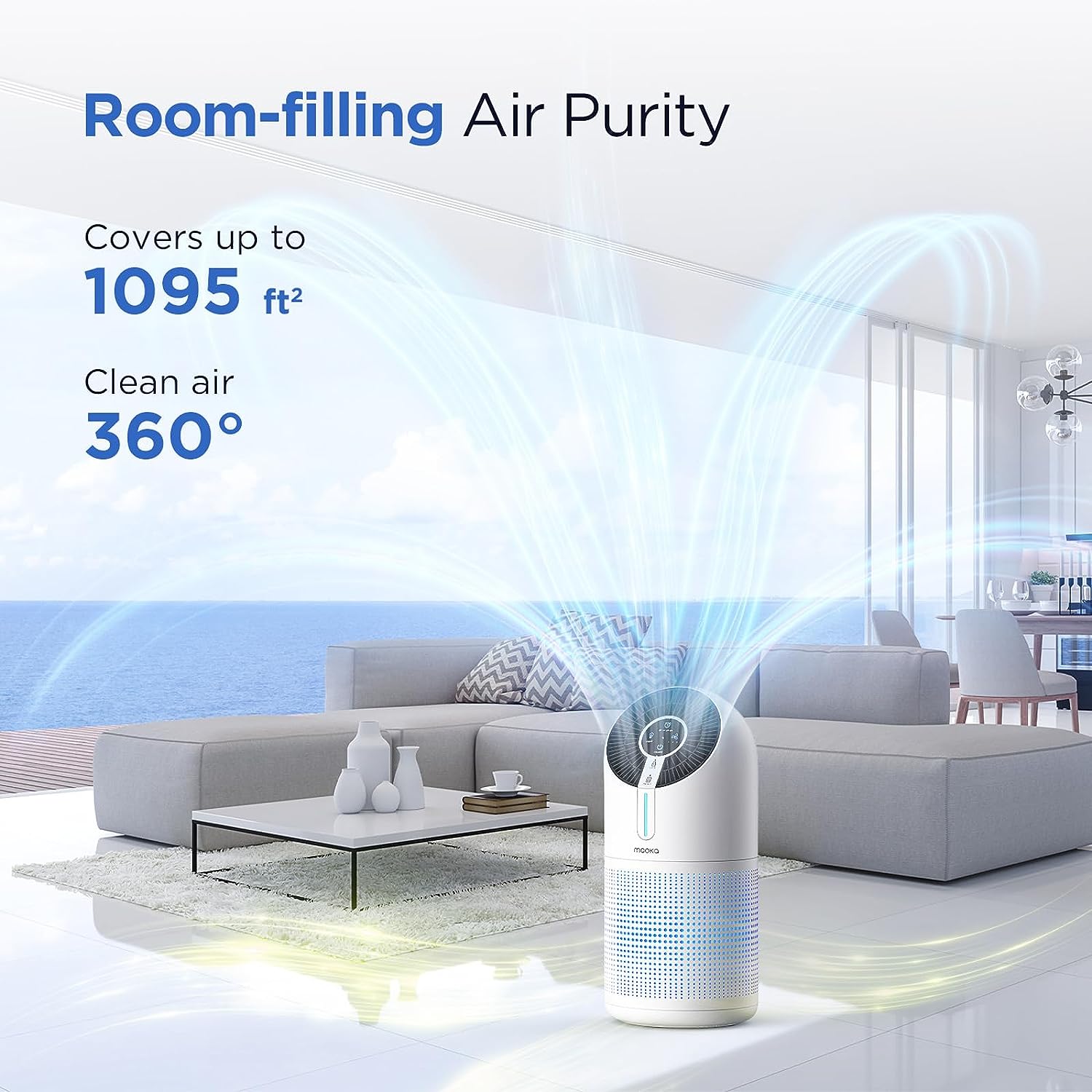 MOOKA Air Purifiers for Home Large Room 1095ft², H13 HEPA Filter Air Cleaner with USB Cable (No Adapter) for Pets Smokers