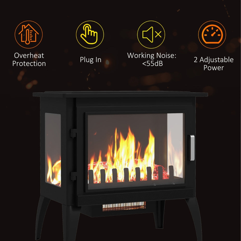 1000W/1500W 24" Electric Fireplace Stove, Freestanding Fireplace Heater with Realistic Flame