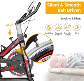 Exercise Stationary Bike 330 Lbs Weight Capacity, Spin Indoor Cycling Bike with LCD Monitor and Comfortable Seat Cushion