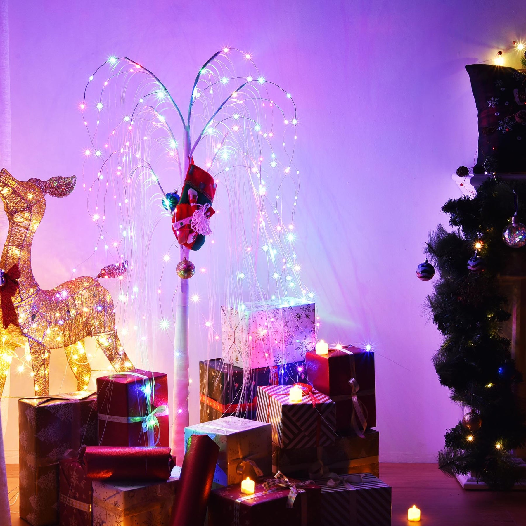 5FT Colorful Lighted Willow Tree, LED Tree with Remote, Willow Tree with Multicolored White String Lights