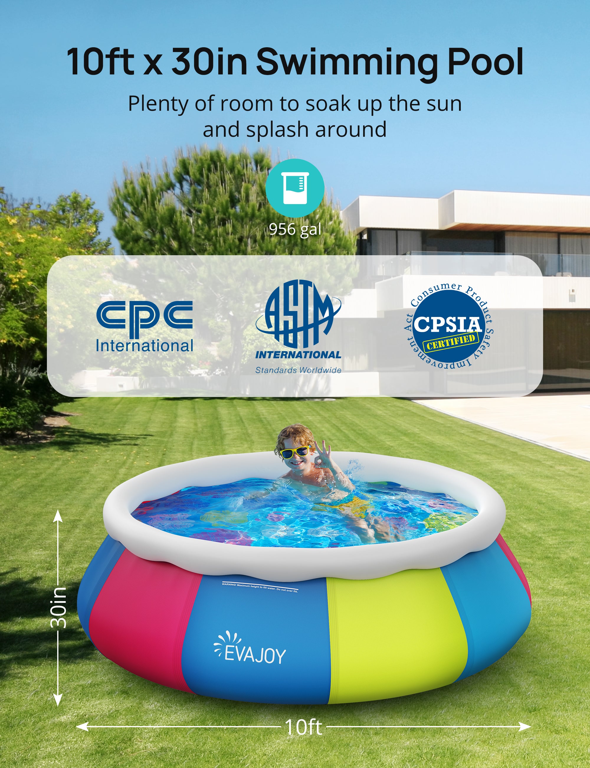 Evajoy Inflatable Swimming Pool Above Ground Pool 10ft x 30in Fast Set Pools WM