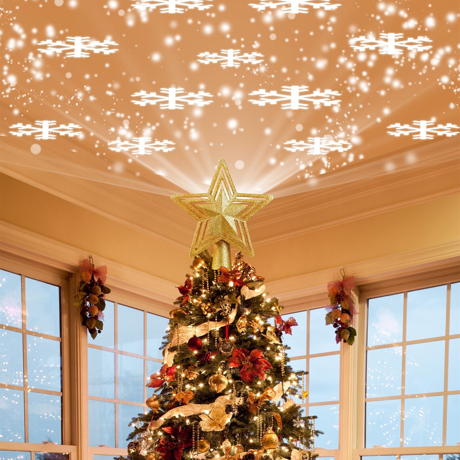 TaoTronics Christmas Tree Topper LED Projector 180° Rotatable Lighted Snowflake