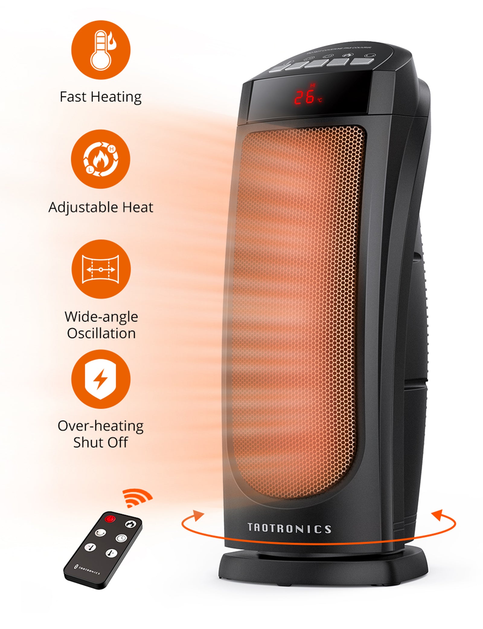 TaoTronics Space Heater, Ceramic Tower Heater with Eco Mode, Remote Control, 65° Oscillation, 12H Timer, Overheating & Tip-Over Protection, PTC Electric Heater for Bedroom/Living Room/ Office WM