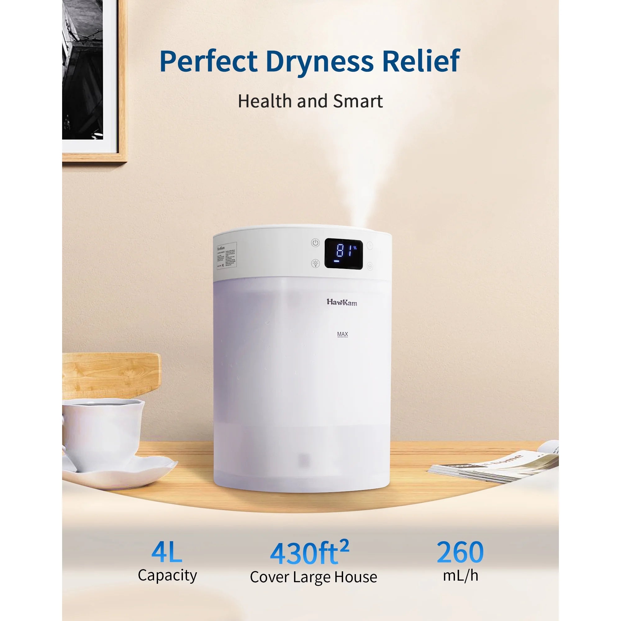 TaoTronics Humidifiers for Bedroom Home, (4L Water Tank) Top-filled Smart Quiet Cool Mist Humidifiers for Large Room, 360°Nozzle & Nightlight, 30H Runtime Air Humidifiers for Baby Nusery,Offices,Plants WM