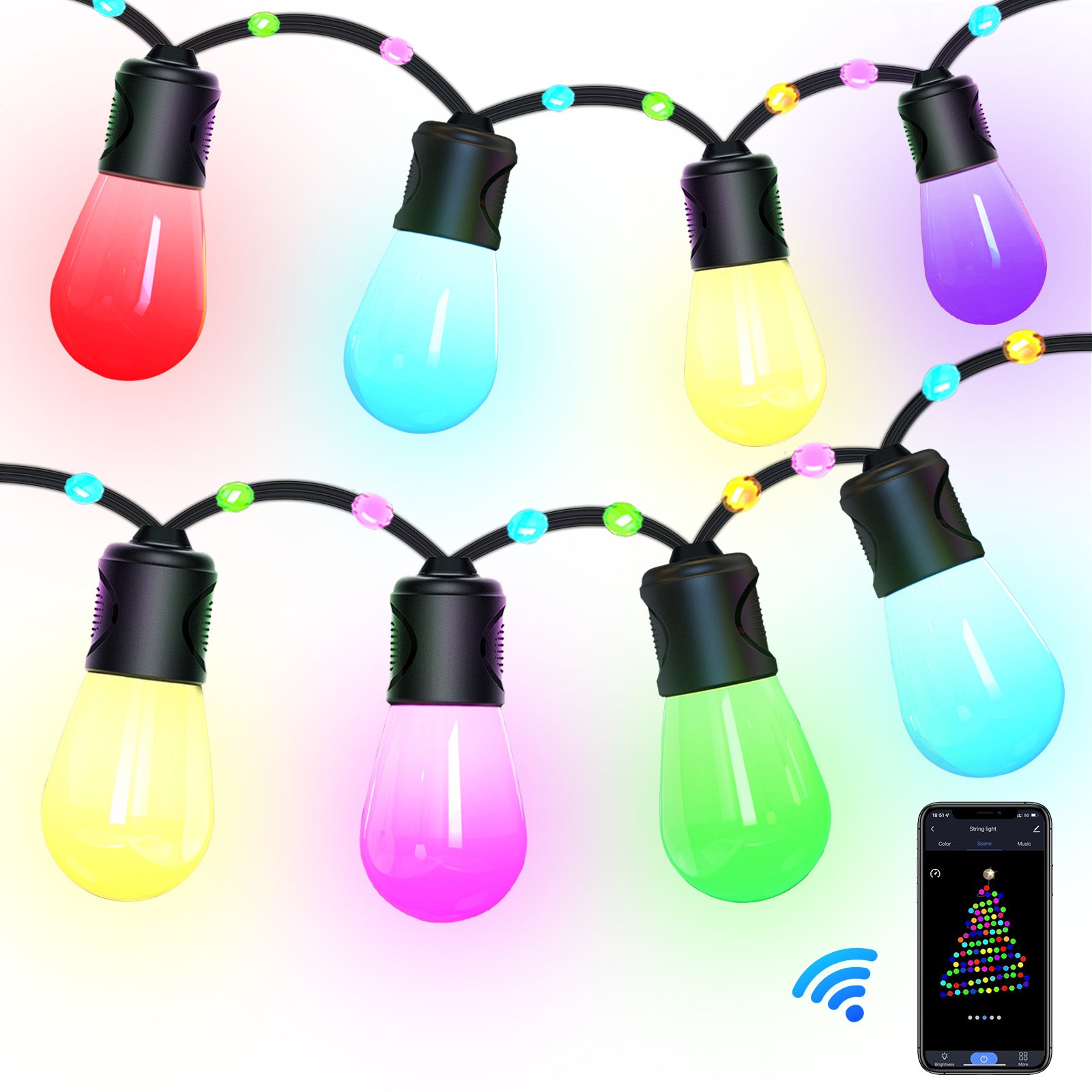 TaoTronics Smart LED Outdoor String Lights NB-OL010 50ft RGB Warm White LED Bulbs