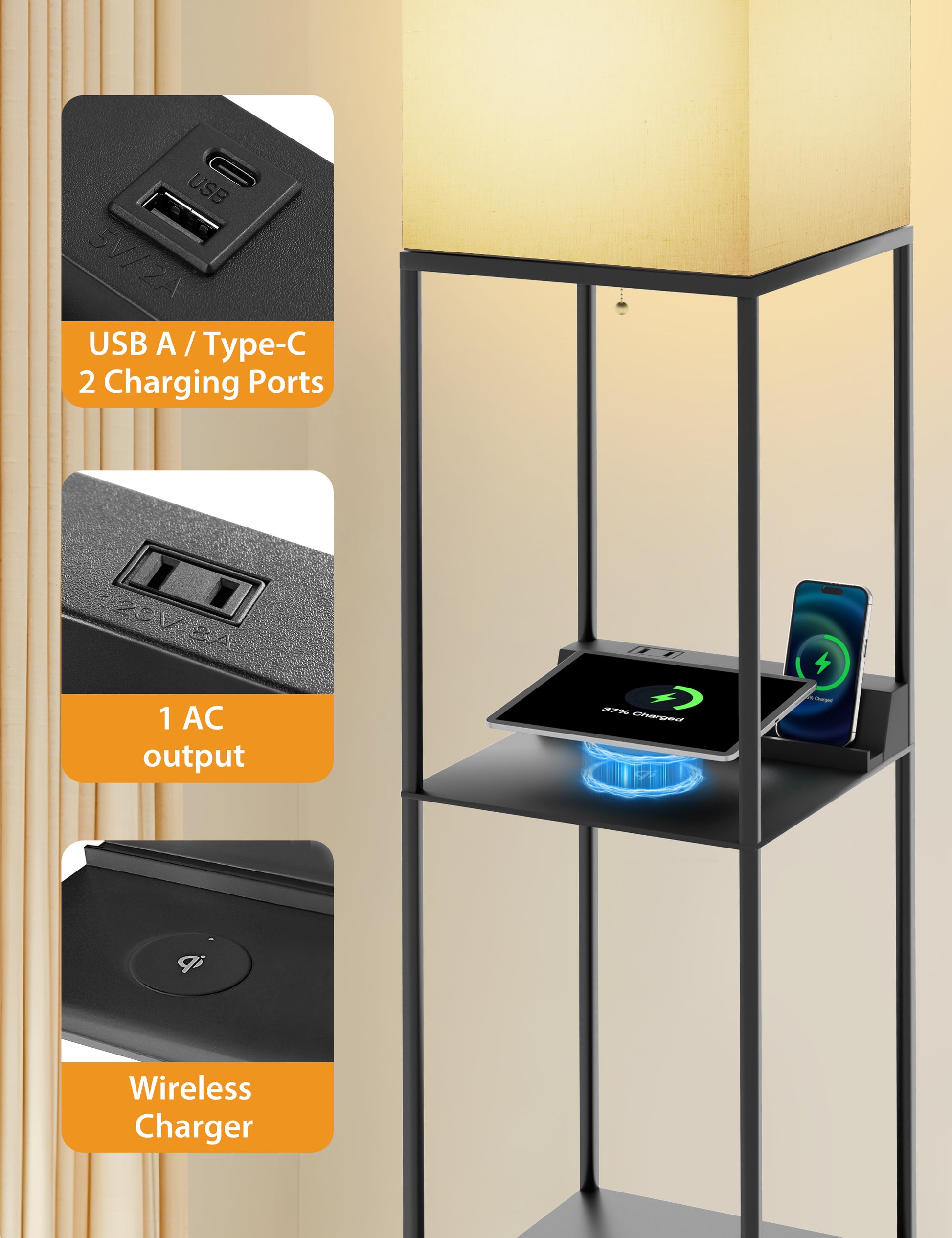 TaoTronics NB-DL003 Smart RGB Floor Lamp with Shelves, Dimmable Standing Corner Lamp with Wireless Charging, App & Voice Control