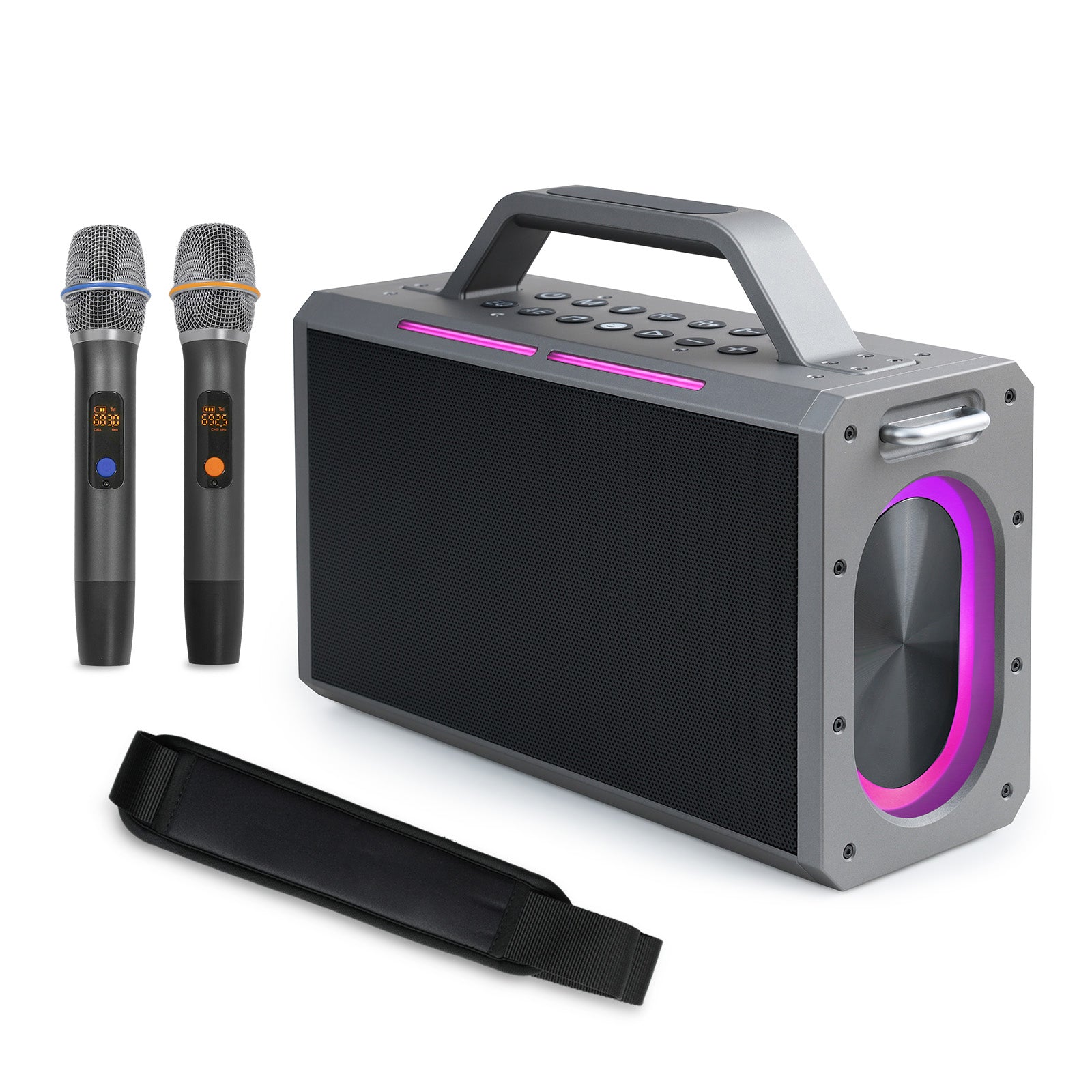 Karaoke Machine with Rich Deep Bass, Portable Bluetooth Speaker with 2 Wireless Microphones