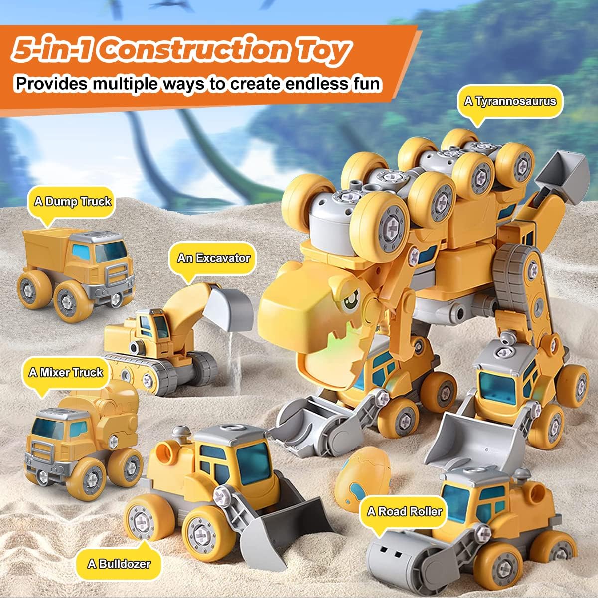 KATTUN 5 in 1 Take Apart Dinosaur Toys, 5 Construction Vehicles Transform into a Big Dinosaur Robot Toys