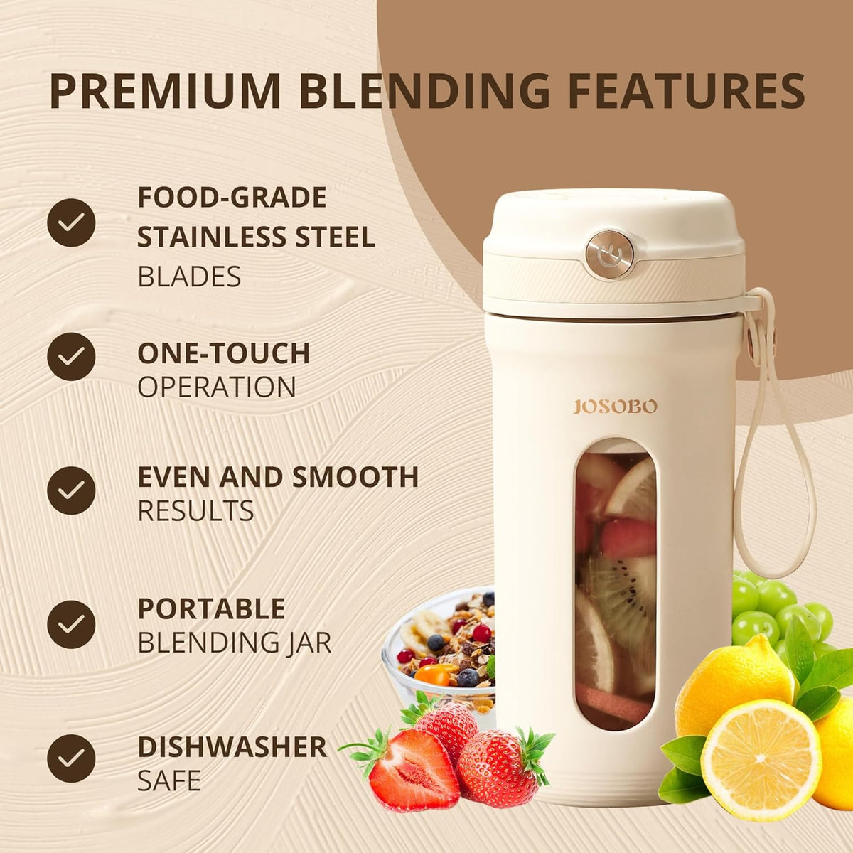 JOSOBO Portable Blender, Personal Size Blender for Shakes and Smoothies with 10 Ultra Sharp Blades, 16 Oz Mini Blender for Travel, Picnic, Office, Gym